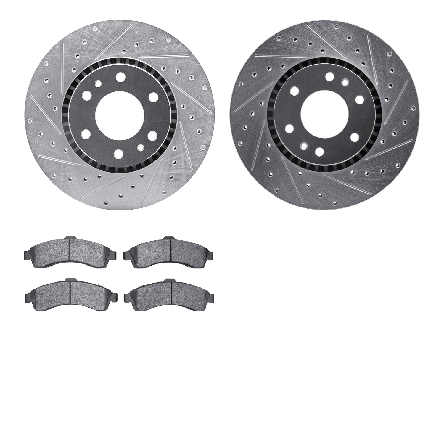 7202-48052 Drilled/Slotted Rotors w/Heavy-Duty Brake Pads Kit [Silver], 2002-2005 GM, Position: Front