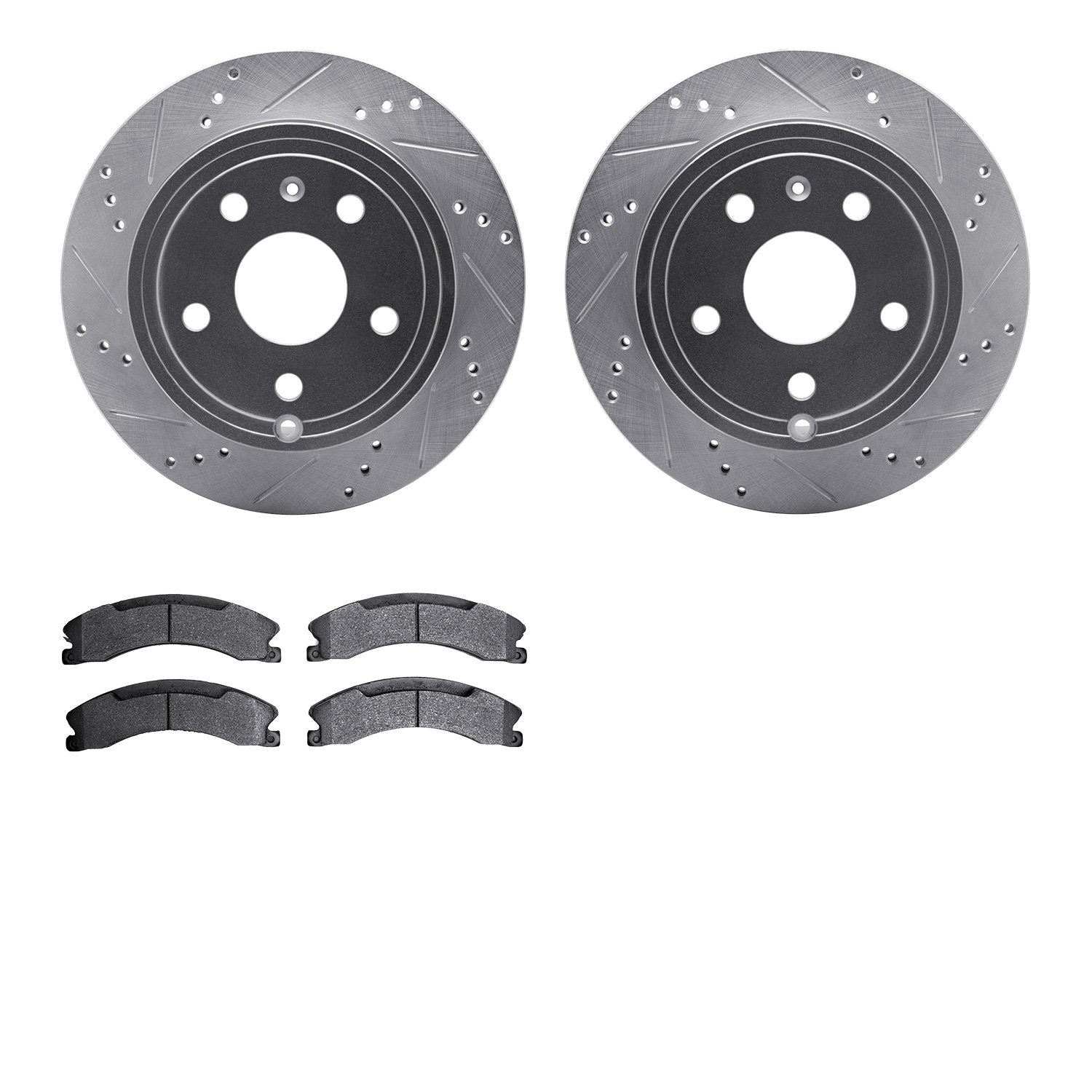 7202-48060 Drilled/Slotted Rotors w/Heavy-Duty Brake Pads Kit [Silver], 2009-2020 GM, Position: Rear
