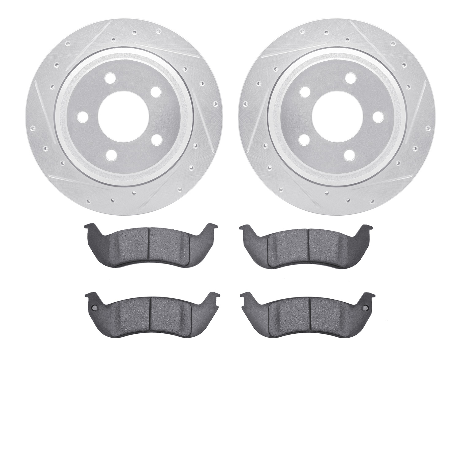 7202-54003 Drilled/Slotted Rotors w/Heavy-Duty Brake Pads Kit [Silver], 2010-2011 Ford/Lincoln/Mercury/Mazda, Position: Rear