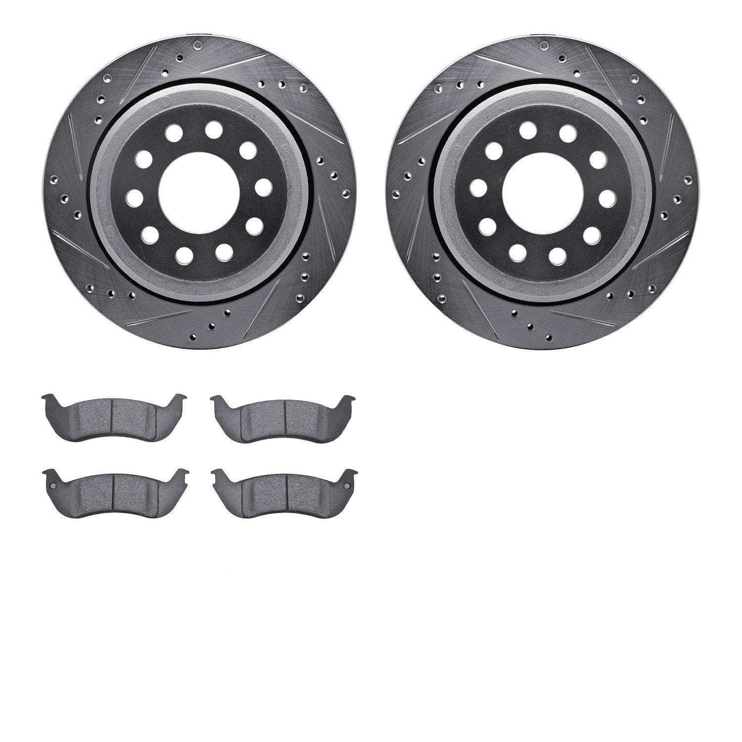 7202-55003 Drilled/Slotted Rotors w/Heavy-Duty Brake Pads Kit [Silver], 2003-2011 Ford/Lincoln/Mercury/Mazda, Position: Rear