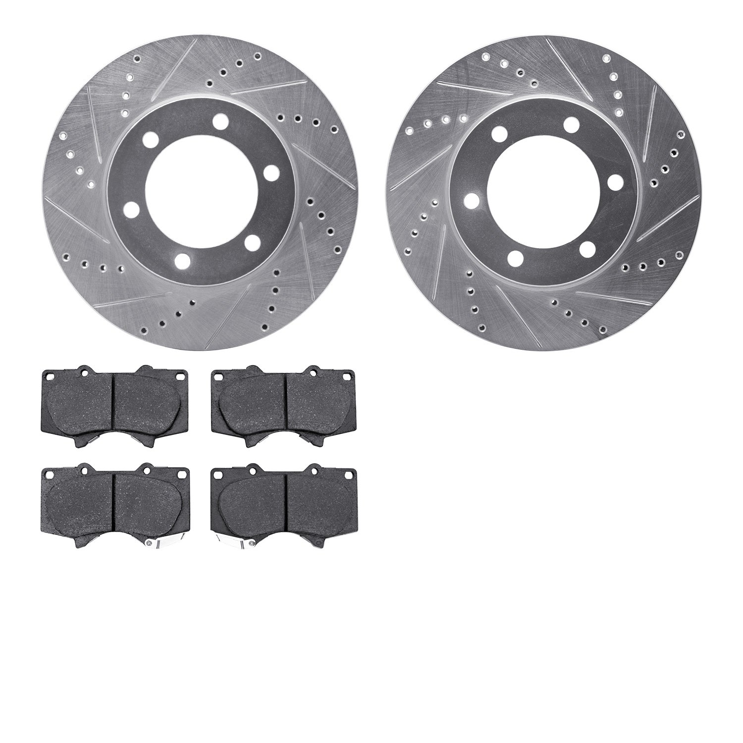 7202-76002 Drilled/Slotted Rotors w/Heavy-Duty Brake Pads Kit [Silver], 2000-2007 Lexus/Toyota/Scion, Position: Front