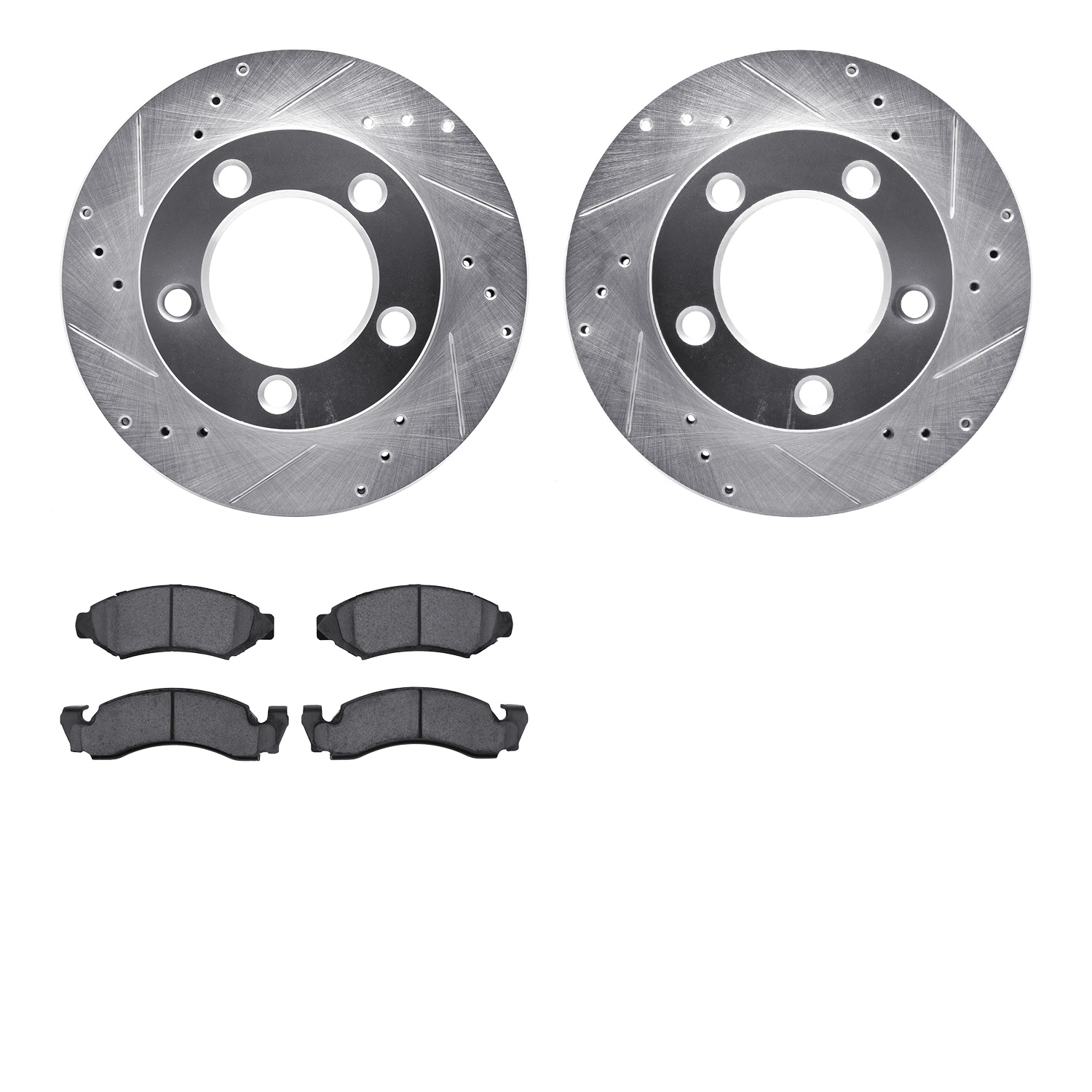 7202-99090 Drilled/Slotted Rotors w/Heavy-Duty Brake Pads Kit [Silver], 1976-1985 Ford/Lincoln/Mercury/Mazda, Position: Front