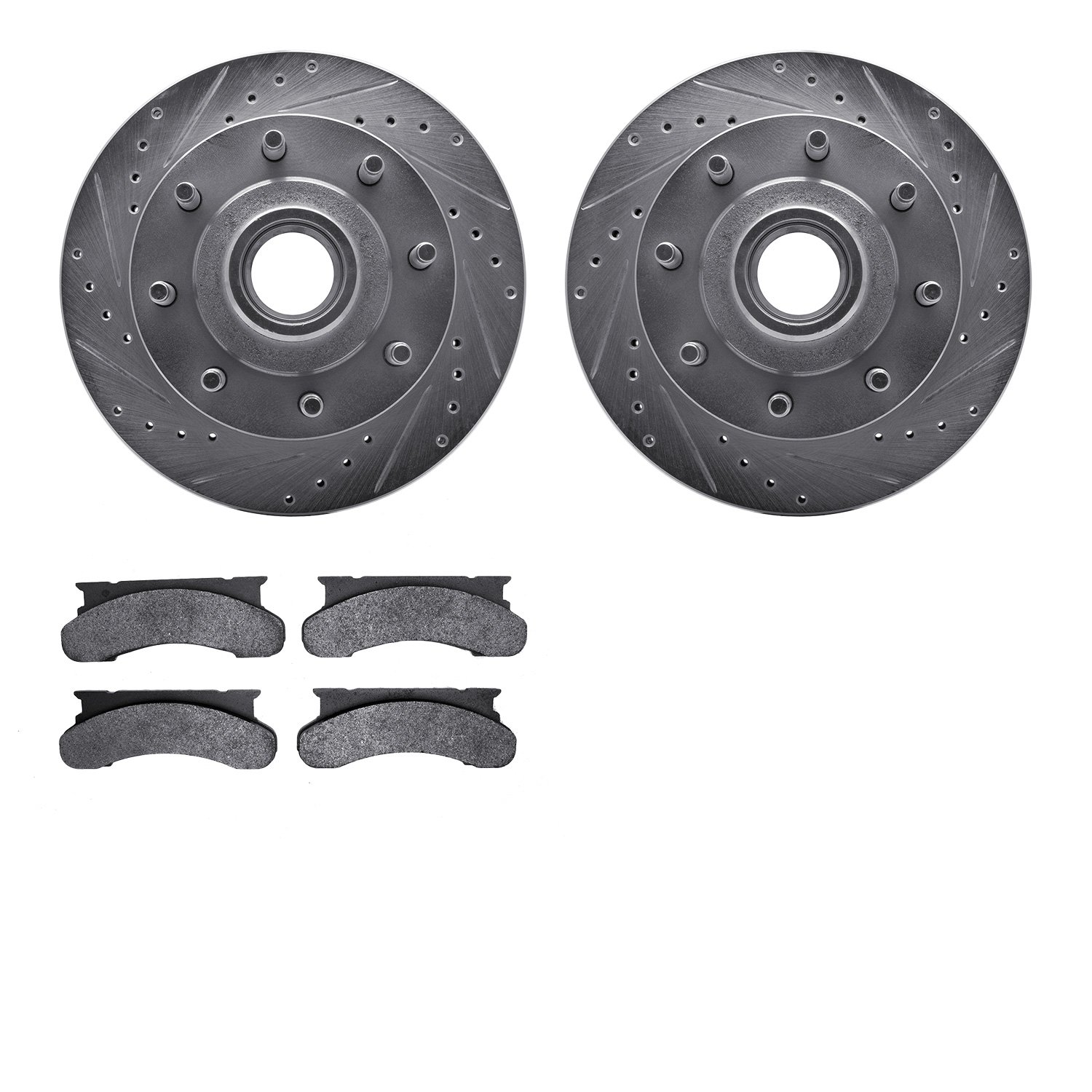 7202-99098 Drilled/Slotted Rotors w/Heavy-Duty Brake Pads Kit [Silver], 1986-1994 Ford/Lincoln/Mercury/Mazda, Position: Front
