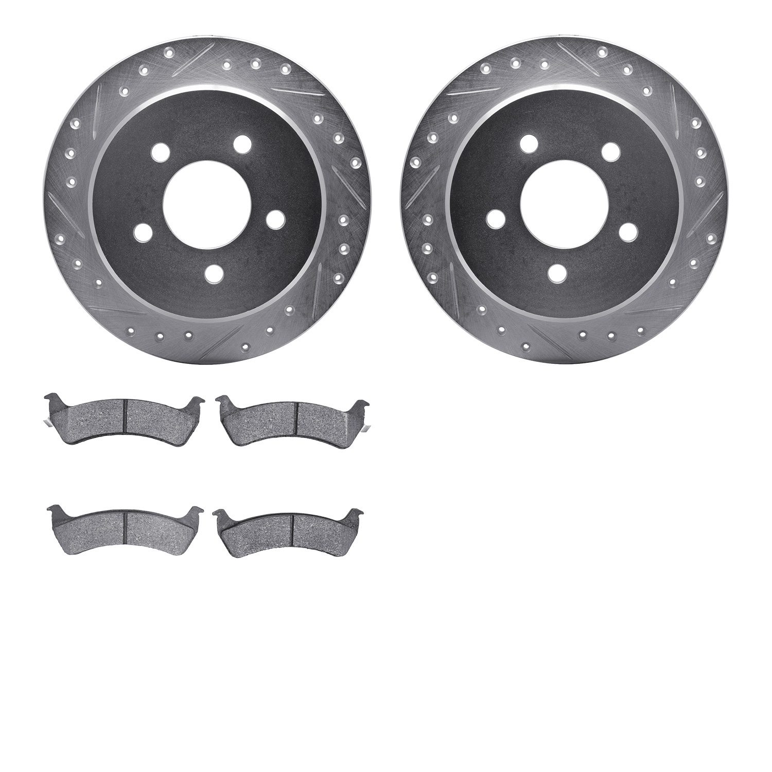 7202-99123 Drilled/Slotted Rotors w/Heavy-Duty Brake Pads Kit [Silver], 2001-2002 Ford/Lincoln/Mercury/Mazda, Position: Rear