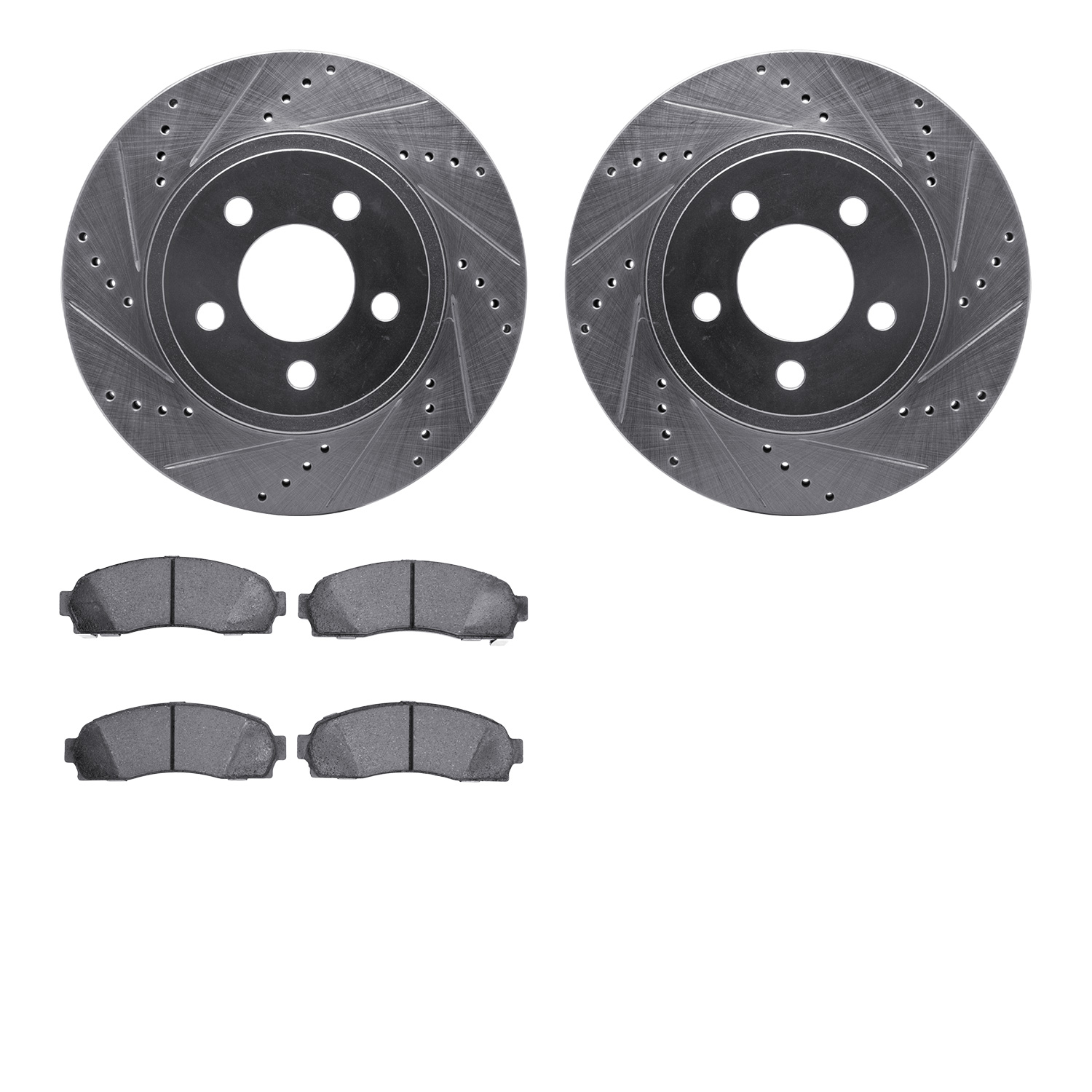 7202-99158 Drilled/Slotted Rotors w/Heavy-Duty Brake Pads Kit [Silver], 2001-2011 Ford/Lincoln/Mercury/Mazda, Position: Front