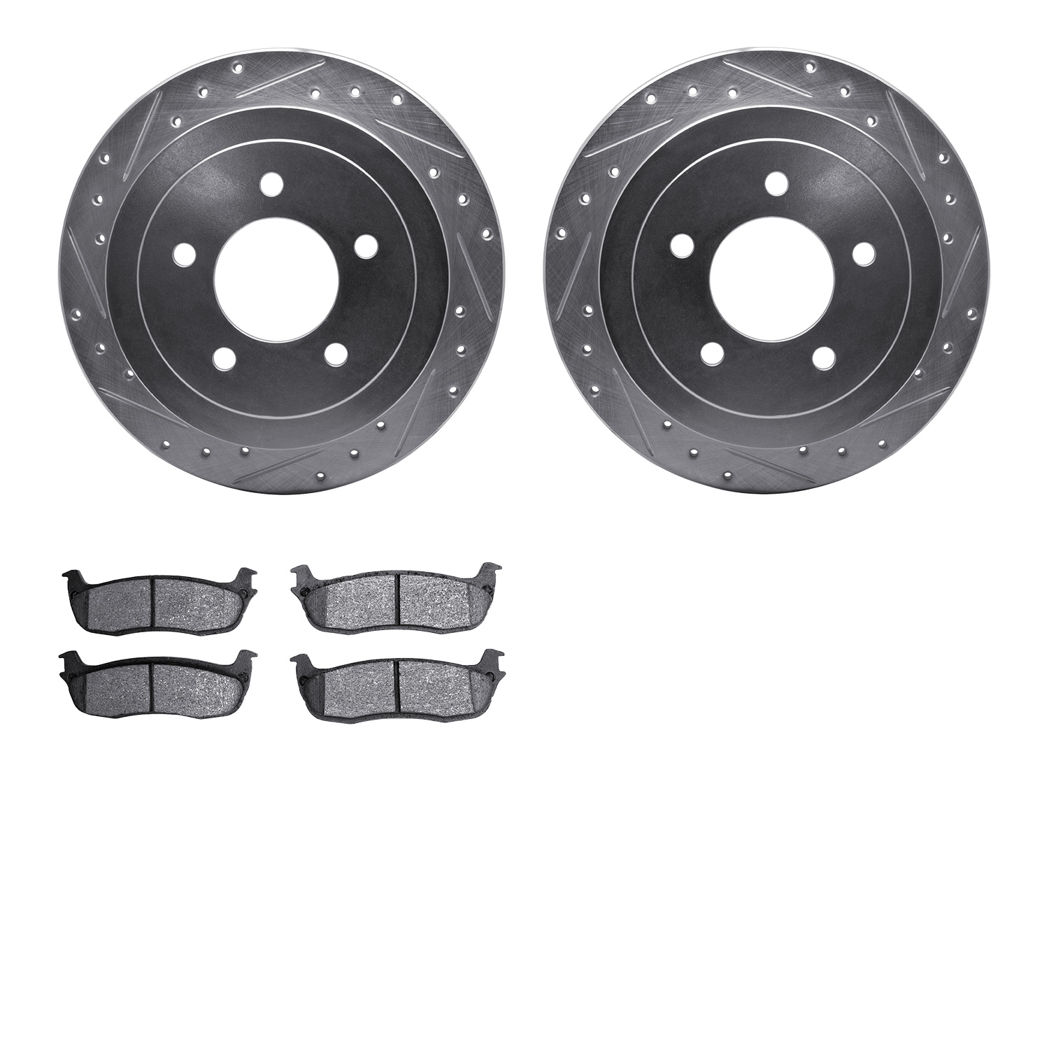 7202-99162 Drilled/Slotted Rotors w/Heavy-Duty Brake Pads Kit [Silver], 1997-2004 Ford/Lincoln/Mercury/Mazda, Position: Rear