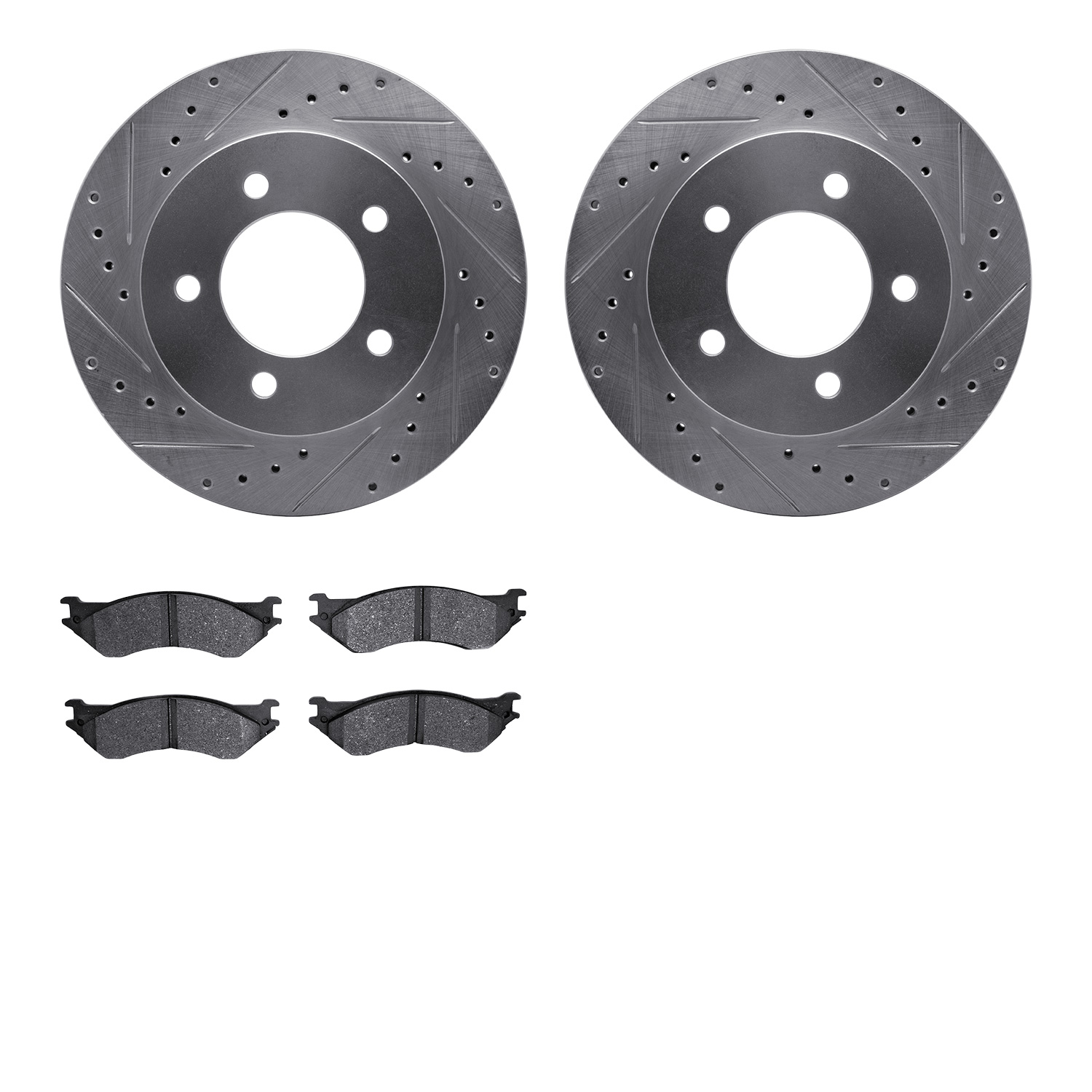7202-99165 Drilled/Slotted Rotors w/Heavy-Duty Brake Pads Kit [Silver], 1997-2002 Ford/Lincoln/Mercury/Mazda, Position: Front