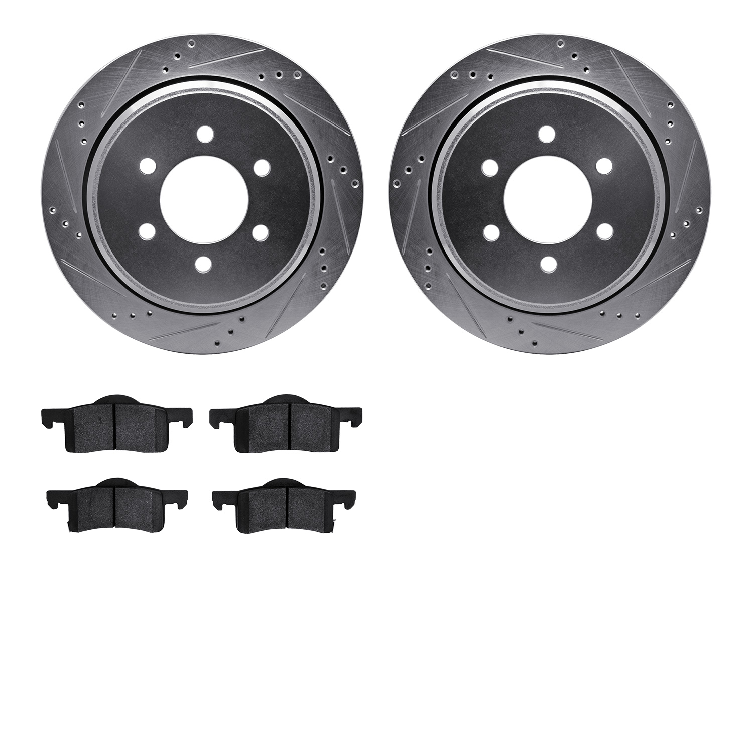 7202-99174 Drilled/Slotted Rotors w/Heavy-Duty Brake Pads Kit [Silver], 2002-2006 Ford/Lincoln/Mercury/Mazda, Position: Rear