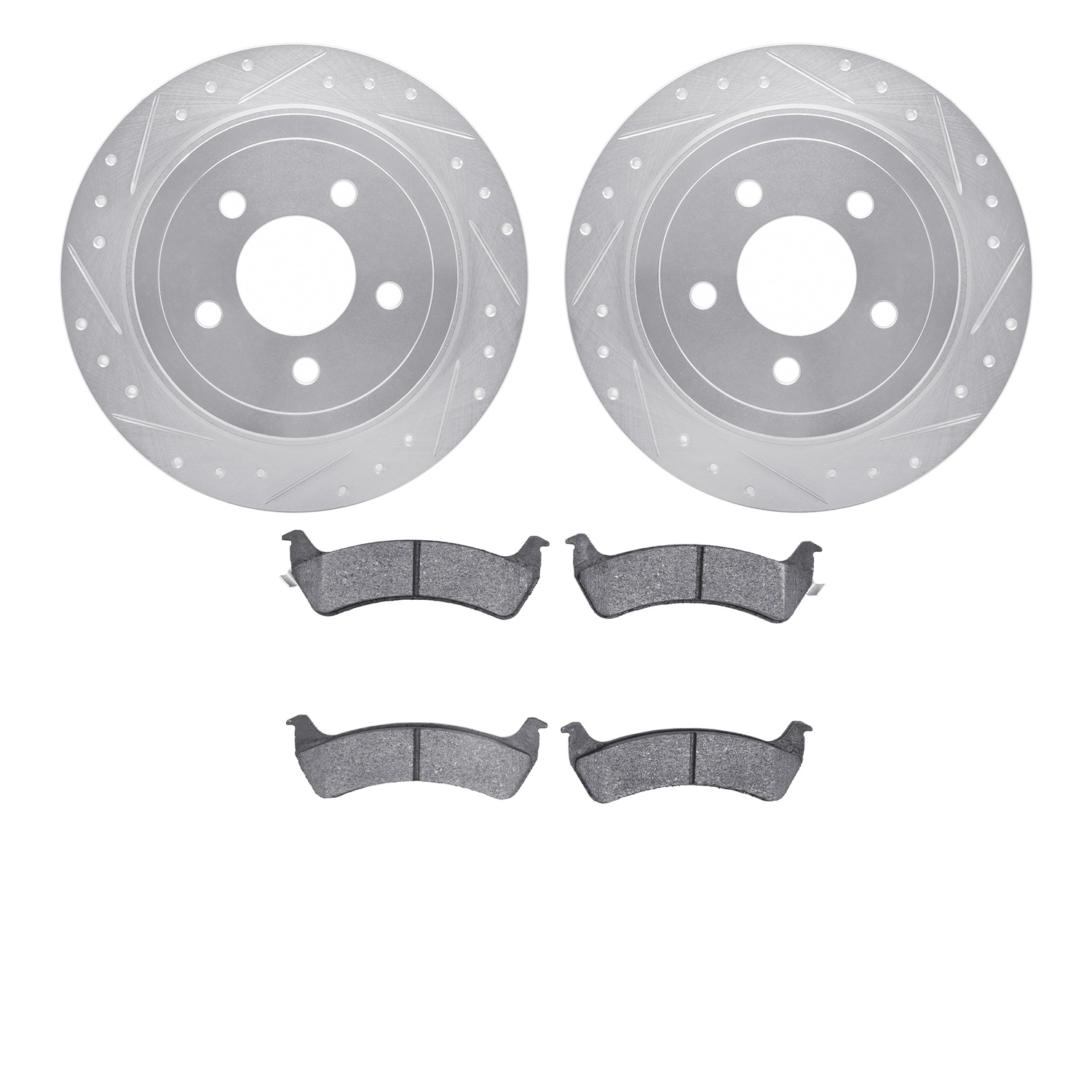 7202-99175 Drilled/Slotted Rotors w/Heavy-Duty Brake Pads Kit [Silver], 2003-2005 Ford/Lincoln/Mercury/Mazda, Position: Rear