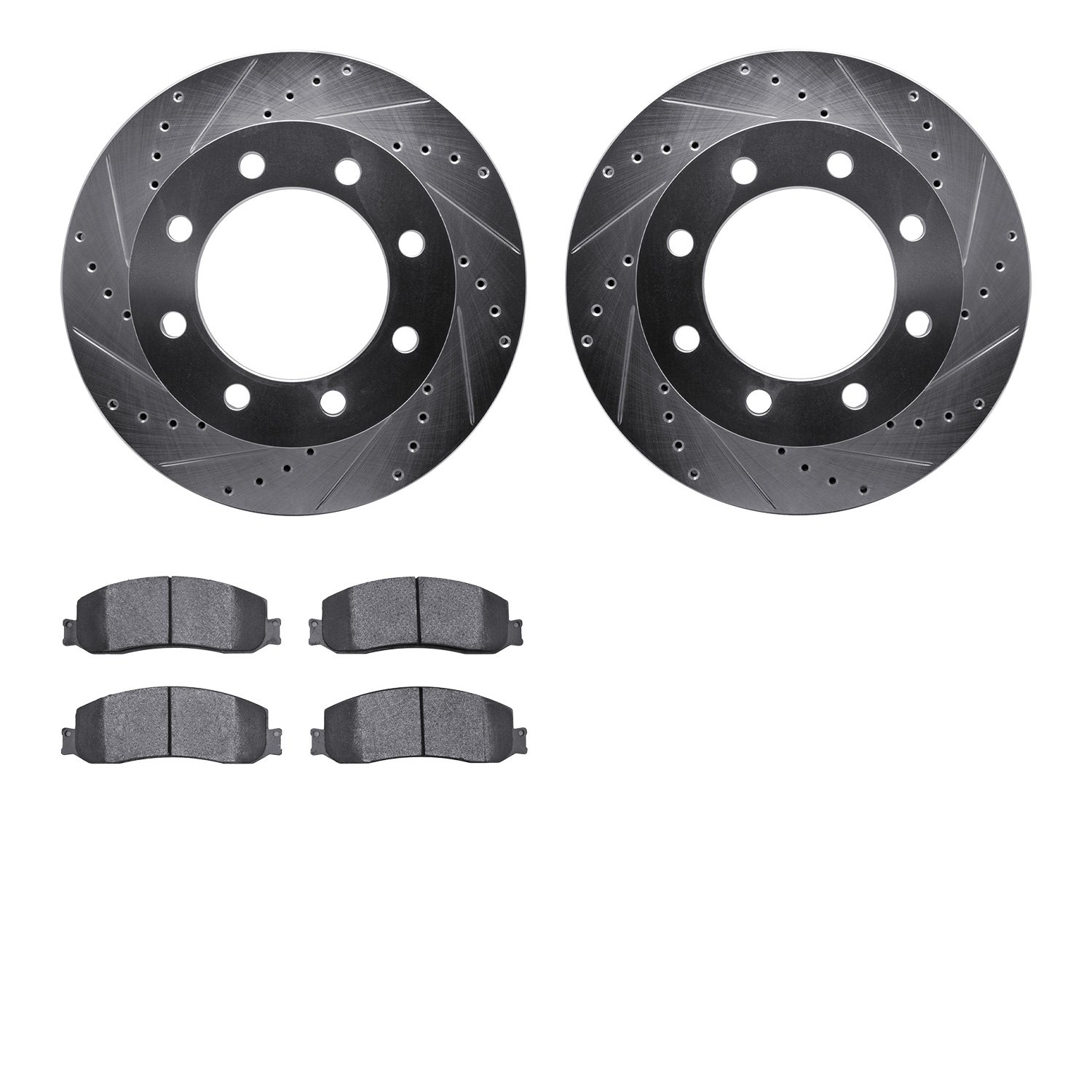 7202-99197 Drilled/Slotted Rotors w/Heavy-Duty Brake Pads Kit [Silver], 2010-2012 Ford/Lincoln/Mercury/Mazda, Position: Front