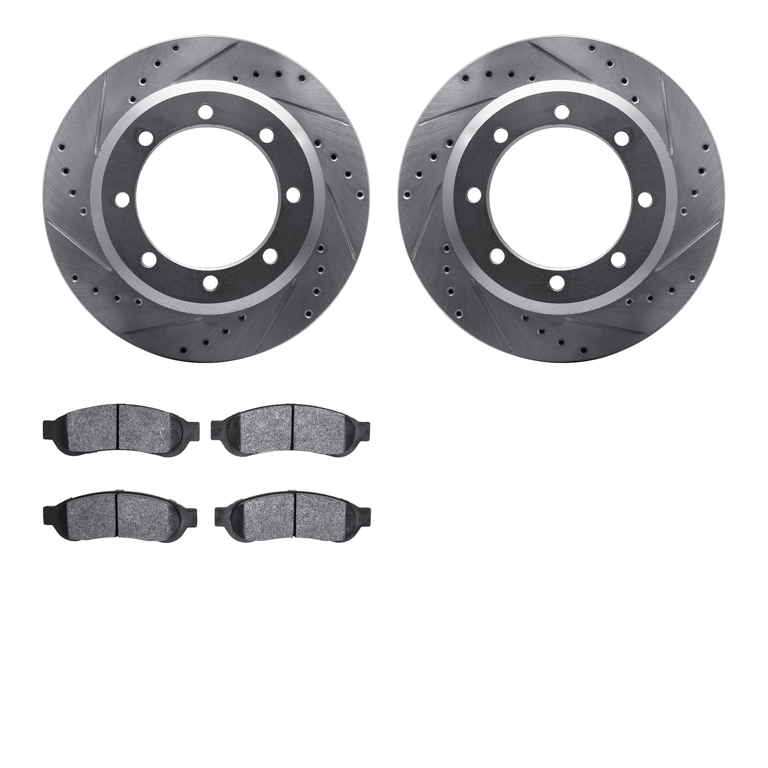 7202-99201 Drilled/Slotted Rotors w/Heavy-Duty Brake Pads Kit [Silver], 2005-2010 Ford/Lincoln/Mercury/Mazda, Position: Rear