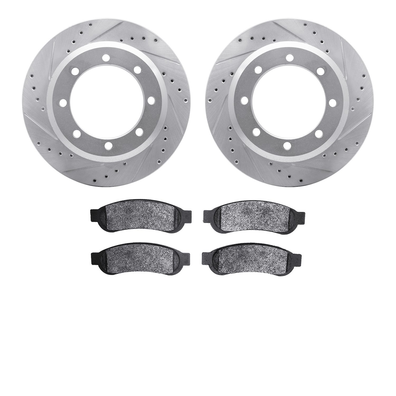 7202-99202 Drilled/Slotted Rotors w/Heavy-Duty Brake Pads Kit [Silver], 2010-2012 Ford/Lincoln/Mercury/Mazda, Position: Rear