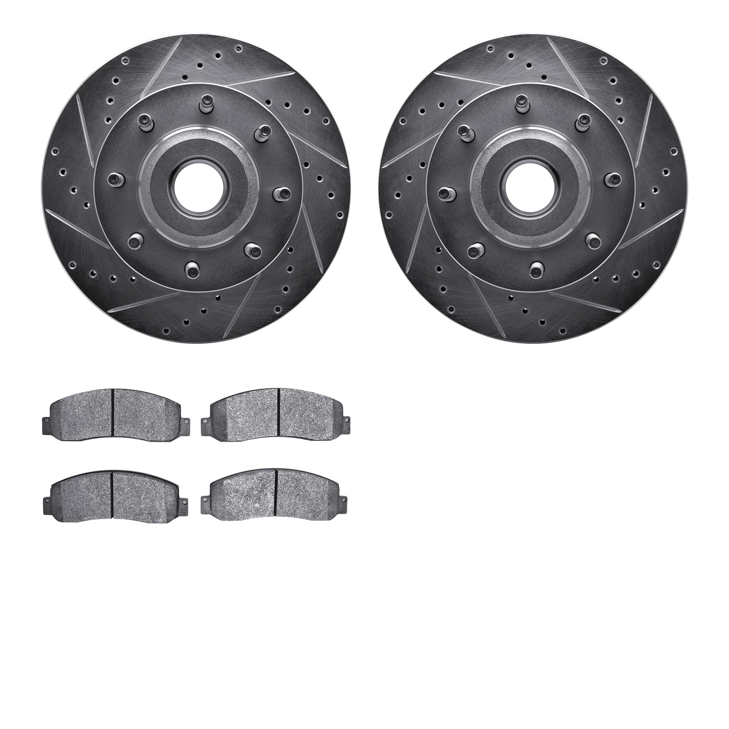 7202-99203 Drilled/Slotted Rotors w/Heavy-Duty Brake Pads Kit [Silver], 2005-2007 Ford/Lincoln/Mercury/Mazda, Position: Front
