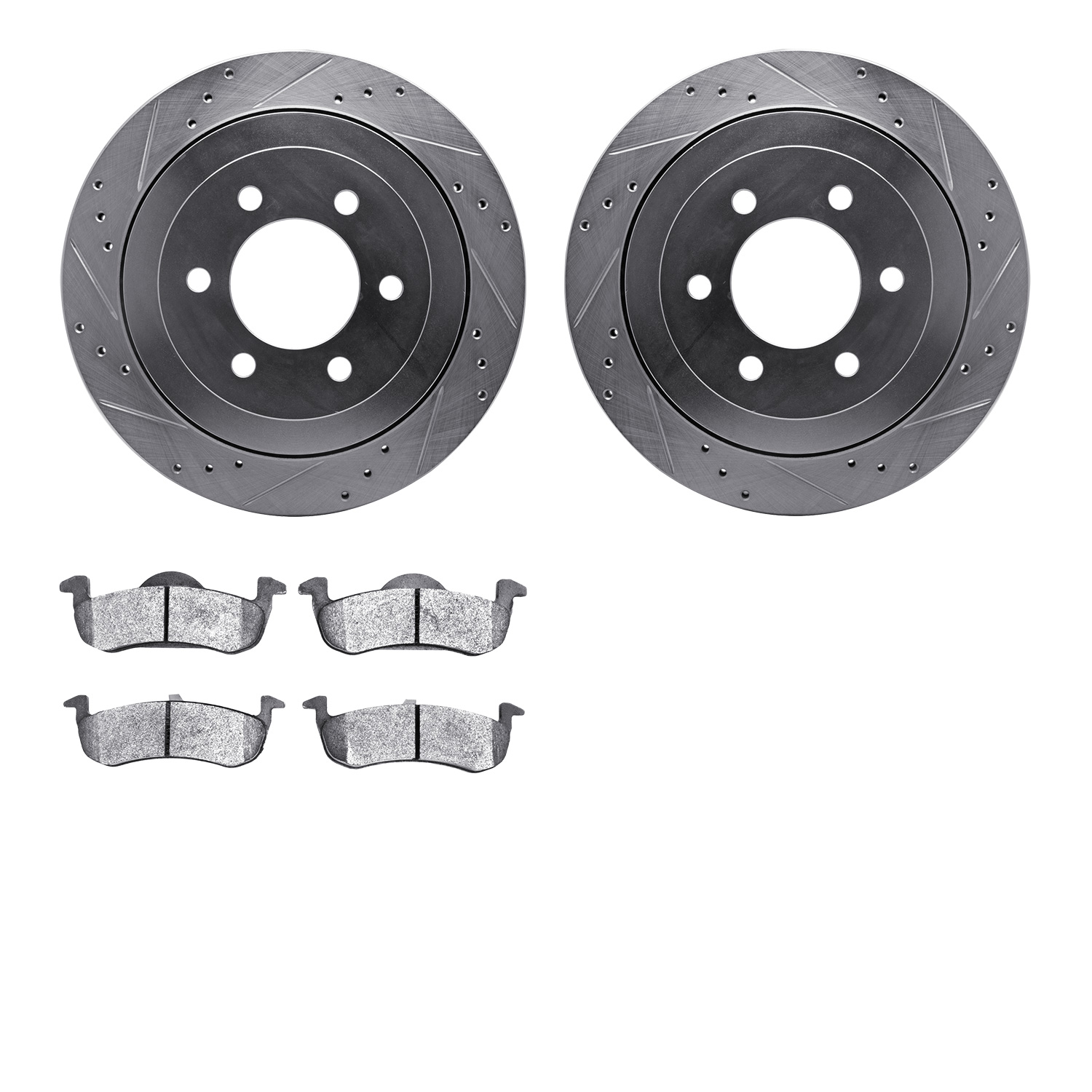 7202-99210 Drilled/Slotted Rotors w/Heavy-Duty Brake Pads Kit [Silver], 2007-2017 Ford/Lincoln/Mercury/Mazda, Position: Rear