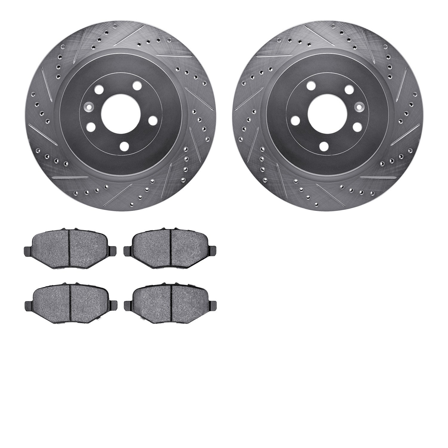 7202-99227 Drilled/Slotted Rotors w/Heavy-Duty Brake Pads Kit [Silver], 2013-2019 Ford/Lincoln/Mercury/Mazda, Position: Rear
