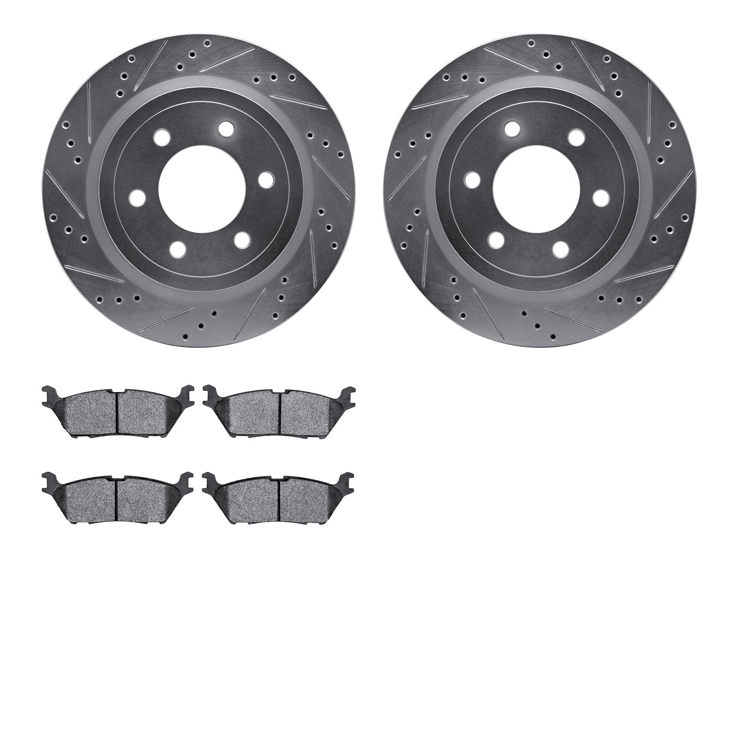 7202-99263 Drilled/Slotted Rotors w/Heavy-Duty Brake Pads Kit [Silver], 2018-2021 Ford/Lincoln/Mercury/Mazda, Position: Rear
