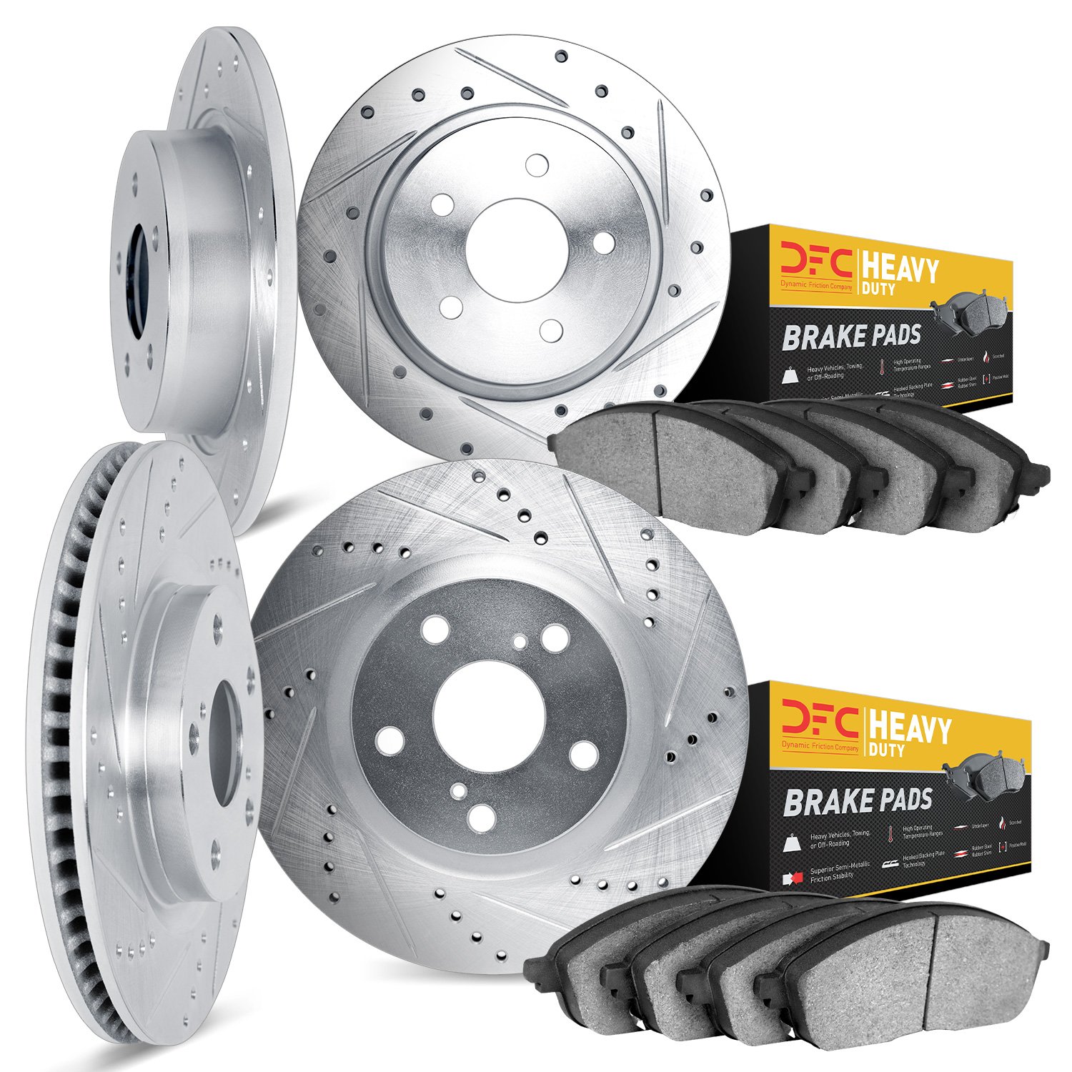 7204-42060 Drilled/Slotted Rotors w/Heavy-Duty Brake Pads Kit [Silver], 2007-2018 Mopar, Position: Front and Rear