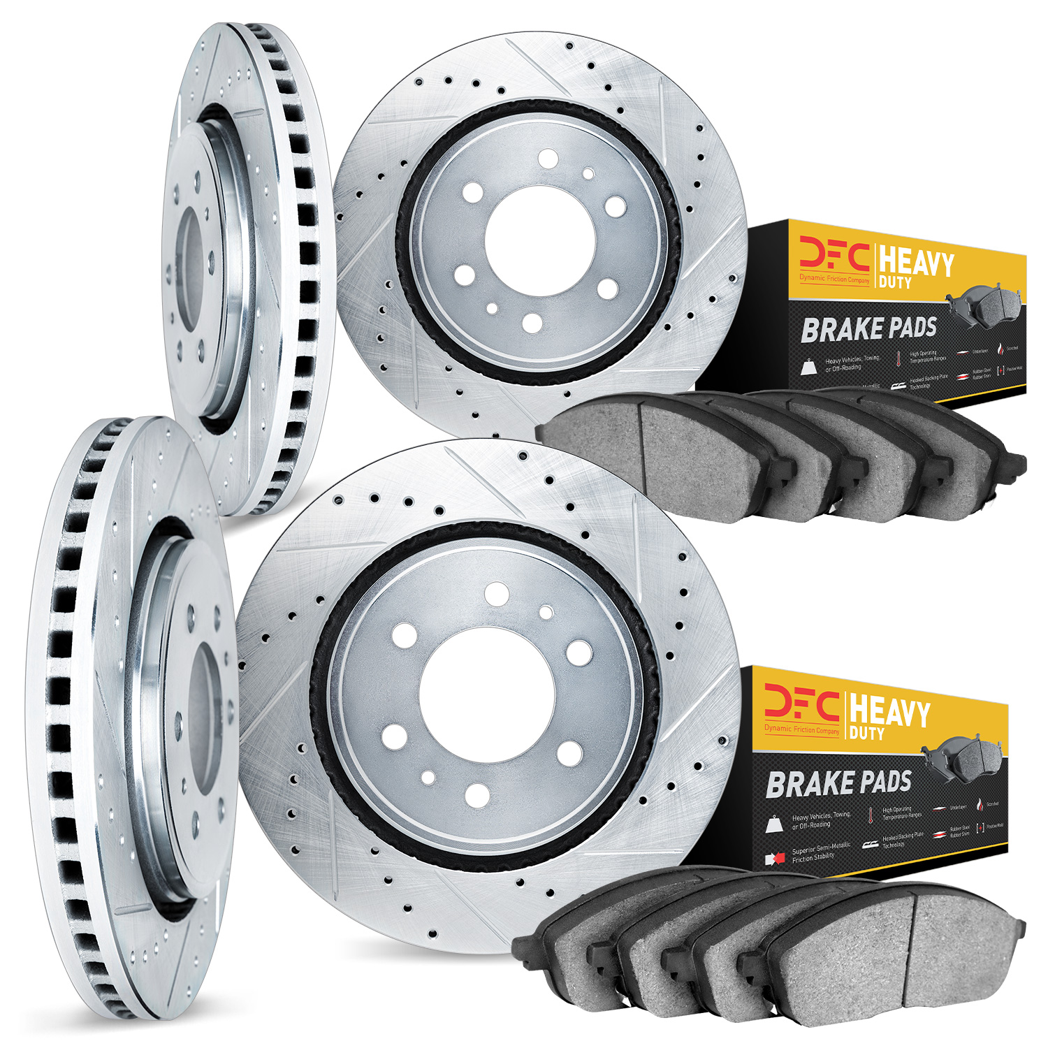 7204-48075 Drilled/Slotted Rotors w/Heavy-Duty Brake Pads Kit [Silver], 2002-2005 GM, Position: Front and Rear