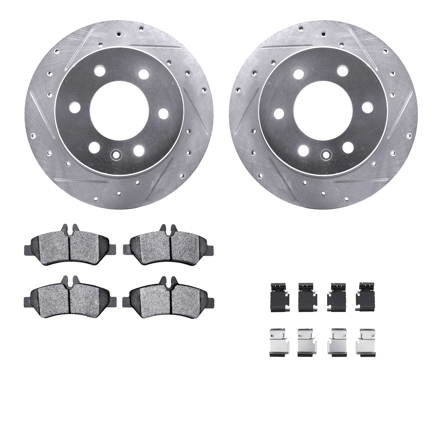 7212-40108 Drilled/Slotted Rotors w/Heavy-Duty Brake Pads Kit & Hardware [Silver], 2007-2018 Multiple Makes/Models, Position: Re