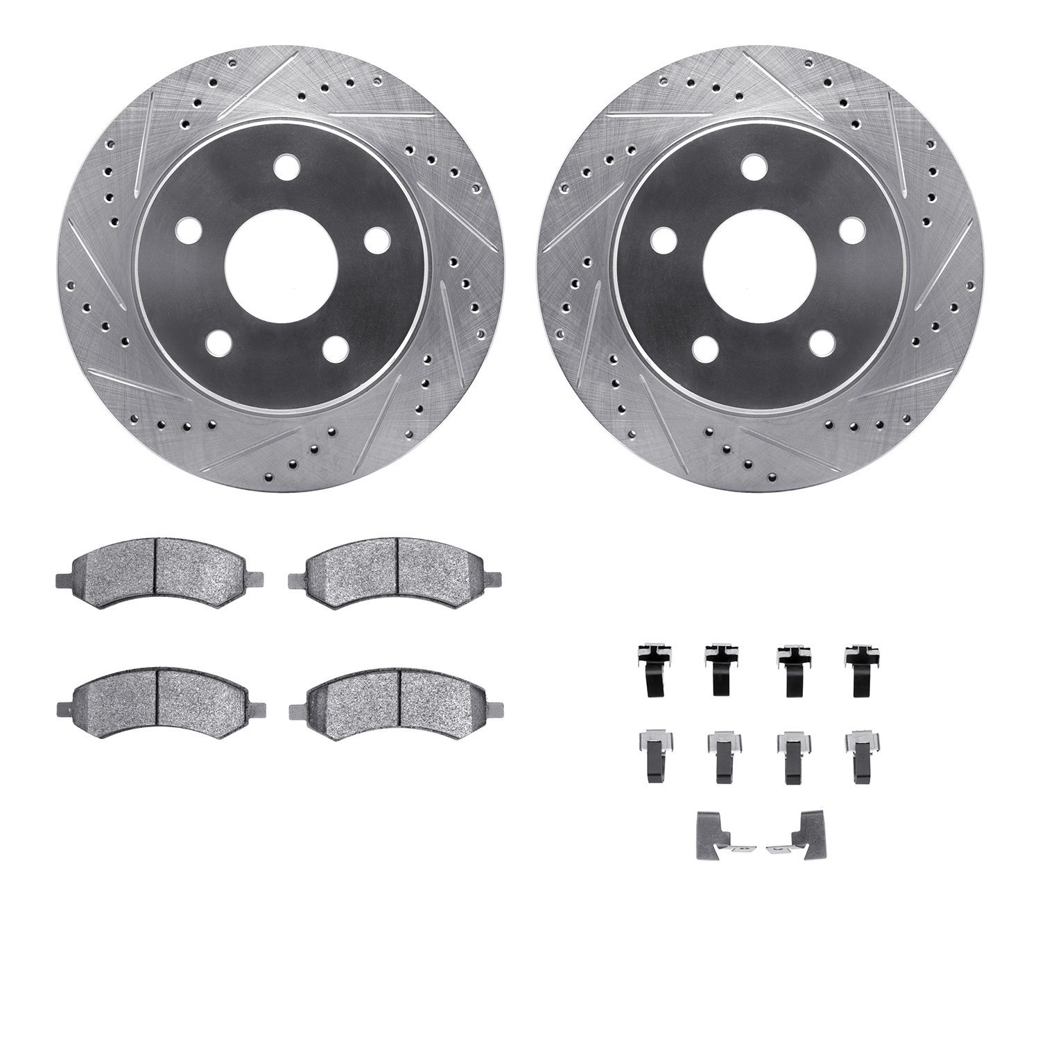 7212-40163 Drilled/Slotted Rotors w/Heavy-Duty Brake Pads Kit & Hardware [Silver], 2006-2018 Mopar, Position: Front