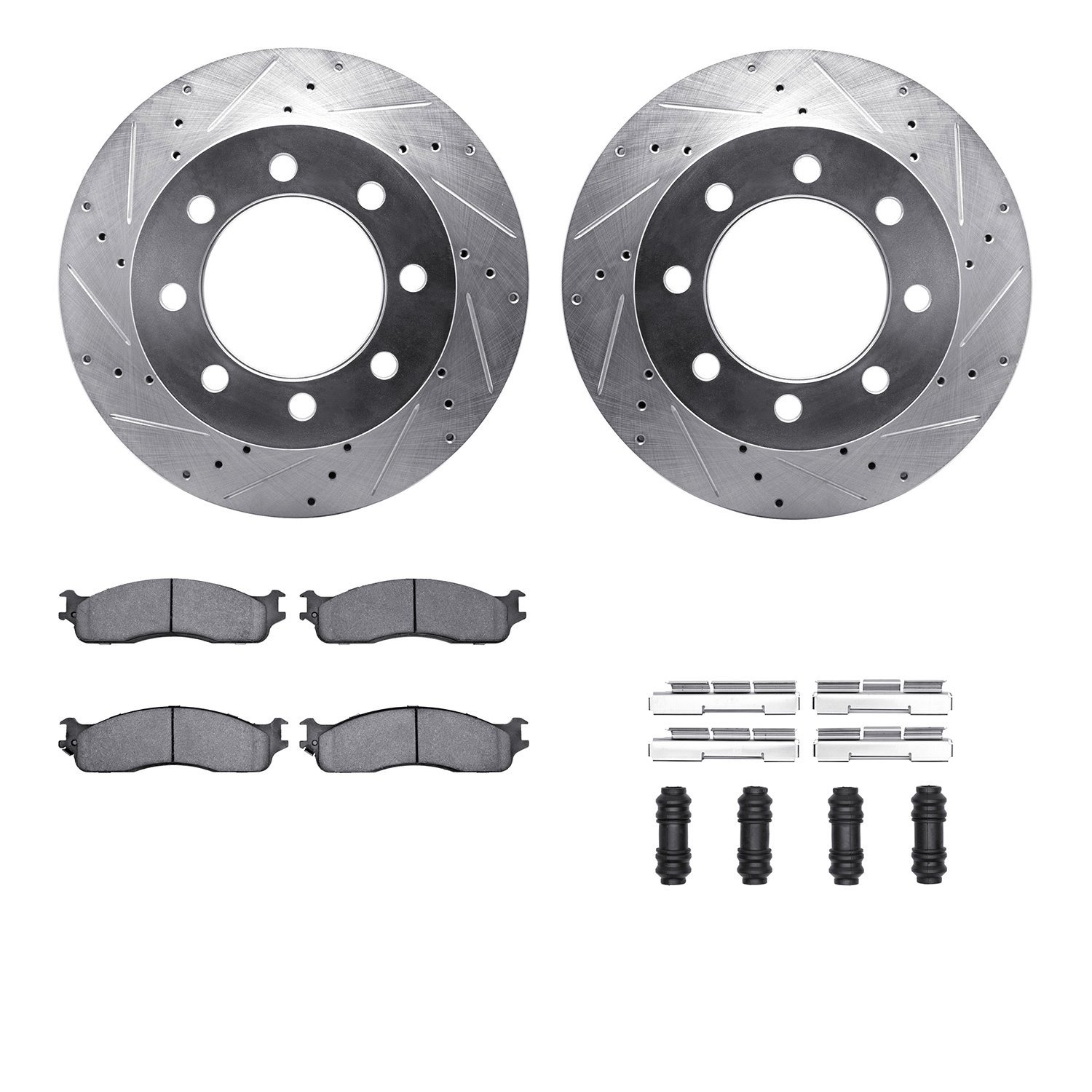 7212-40171 Drilled/Slotted Rotors w/Heavy-Duty Brake Pads Kit & Hardware [Silver], 2003-2008 Mopar, Position: Front