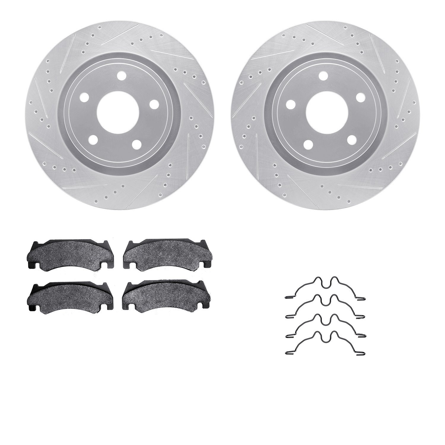 7212-40174 Drilled/Slotted Rotors w/Heavy-Duty Brake Pads Kit & Hardware [Silver], 2005-2006 Mopar, Position: Front