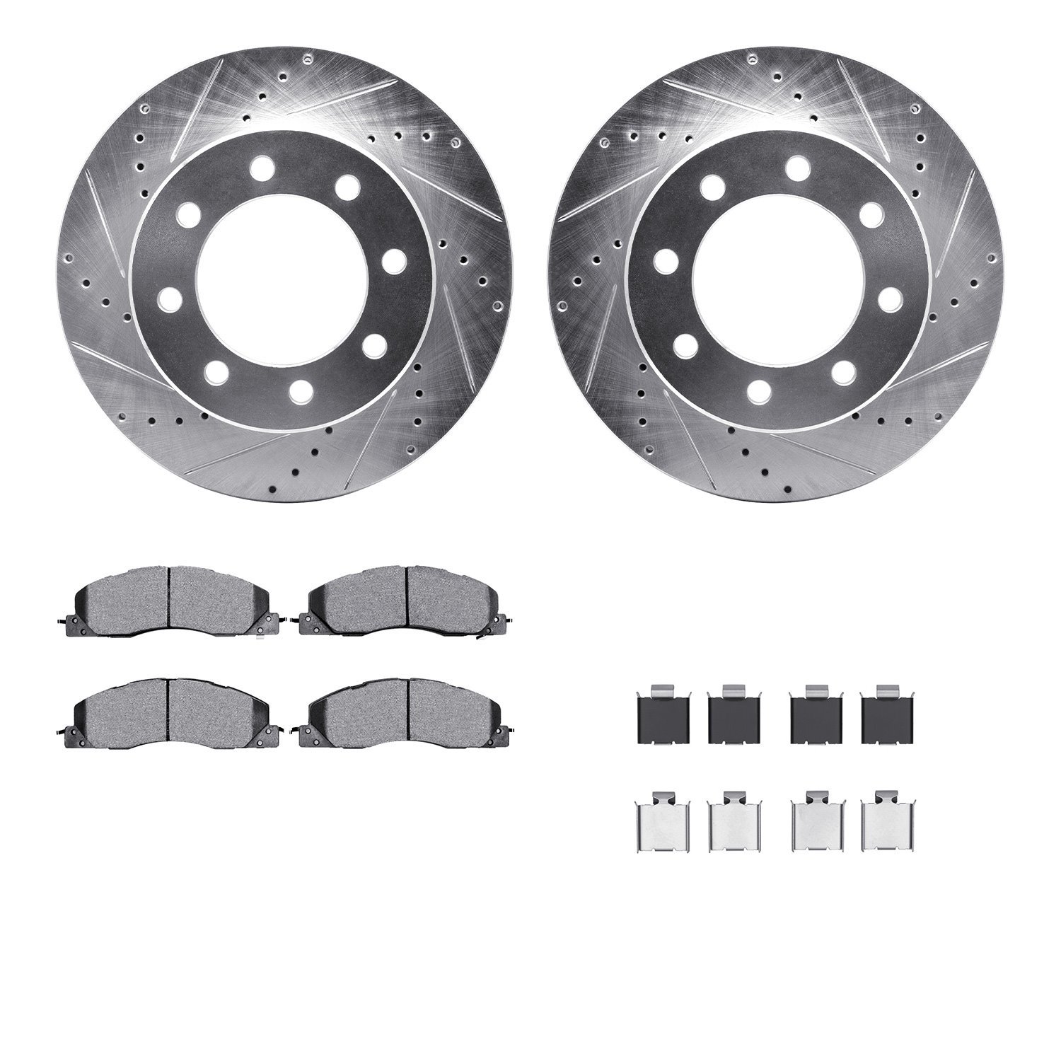 7212-40183 Drilled/Slotted Rotors w/Heavy-Duty Brake Pads Kit & Hardware [Silver], 2009-2018 Mopar, Position: Front