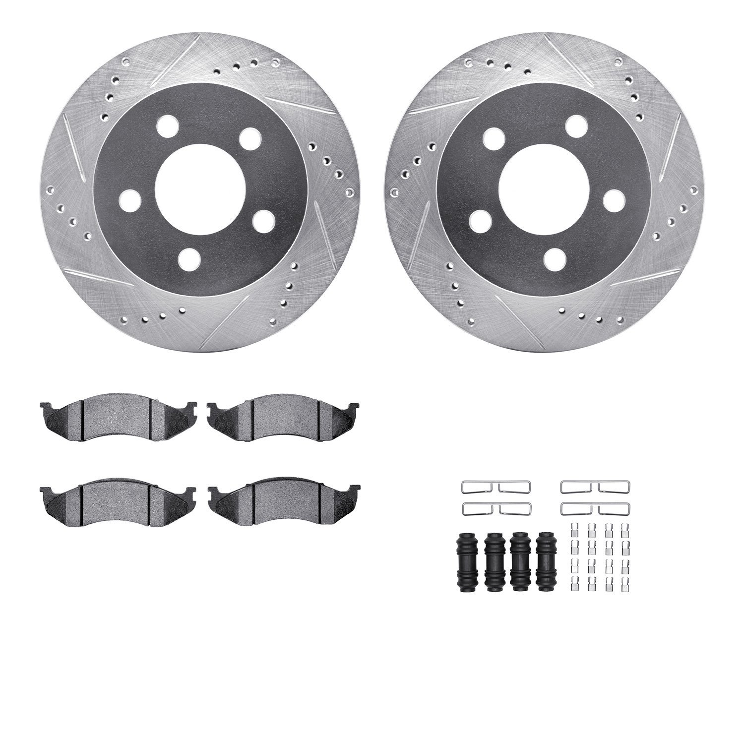 7212-42098 Drilled/Slotted Rotors w/Heavy-Duty Brake Pads Kit & Hardware [Silver], 1999-2006 Mopar, Position: Front