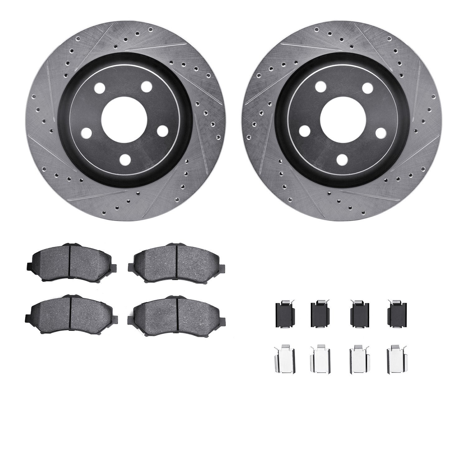 7212-42109 Drilled/Slotted Rotors w/Heavy-Duty Brake Pads Kit & Hardware [Silver], 2012-2018 Mopar, Position: Front