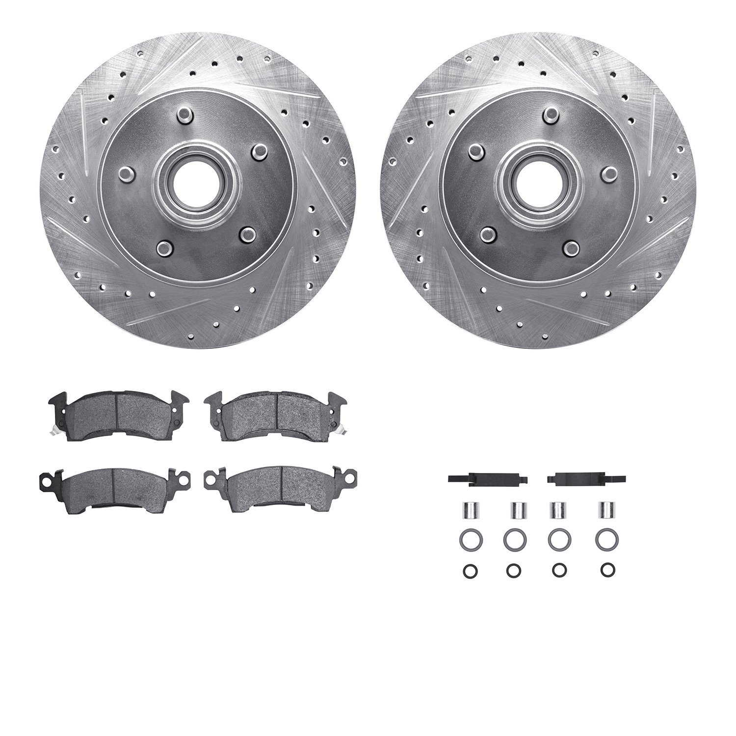 7212-47097 Drilled/Slotted Rotors w/Heavy-Duty Brake Pads Kit & Hardware [Silver], 1977-1995 GM, Position: Front