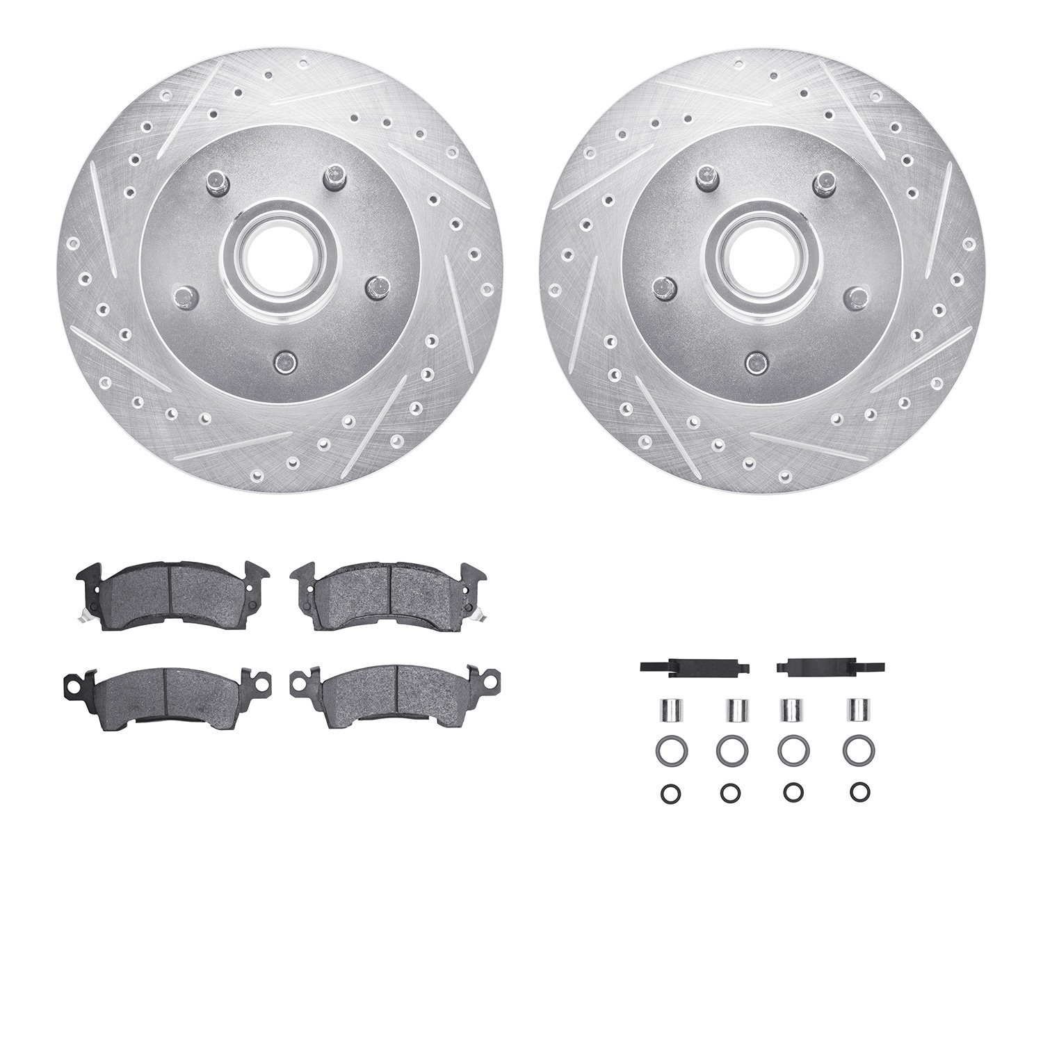 7212-47103 Drilled/Slotted Rotors w/Heavy-Duty Brake Pads Kit & Hardware [Silver], 1969-1996 GM, Position: Front