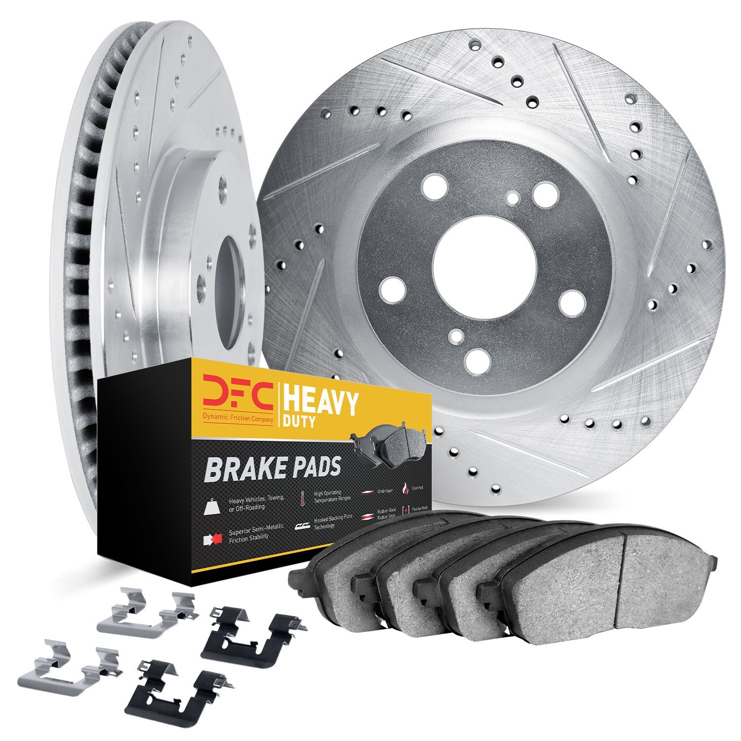 7212-48002 Drilled/Slotted Rotors w/Heavy-Duty Brake Pads Kit & Hardware [Silver], 1997-2005 GM, Position: Front