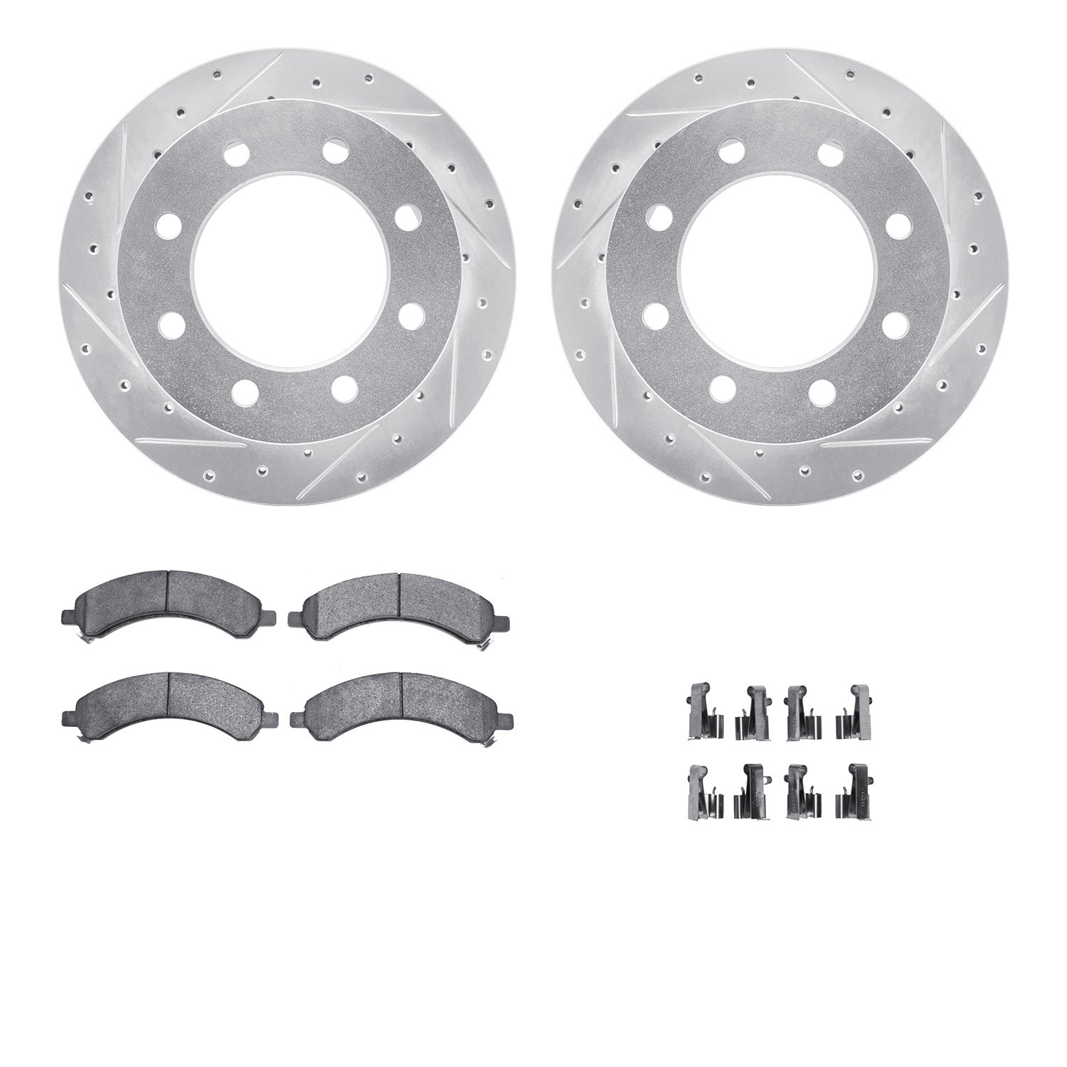 7212-48018 Drilled/Slotted Rotors w/Heavy-Duty Brake Pads Kit & Hardware [Silver], 2003-2008 GM, Position: Rear
