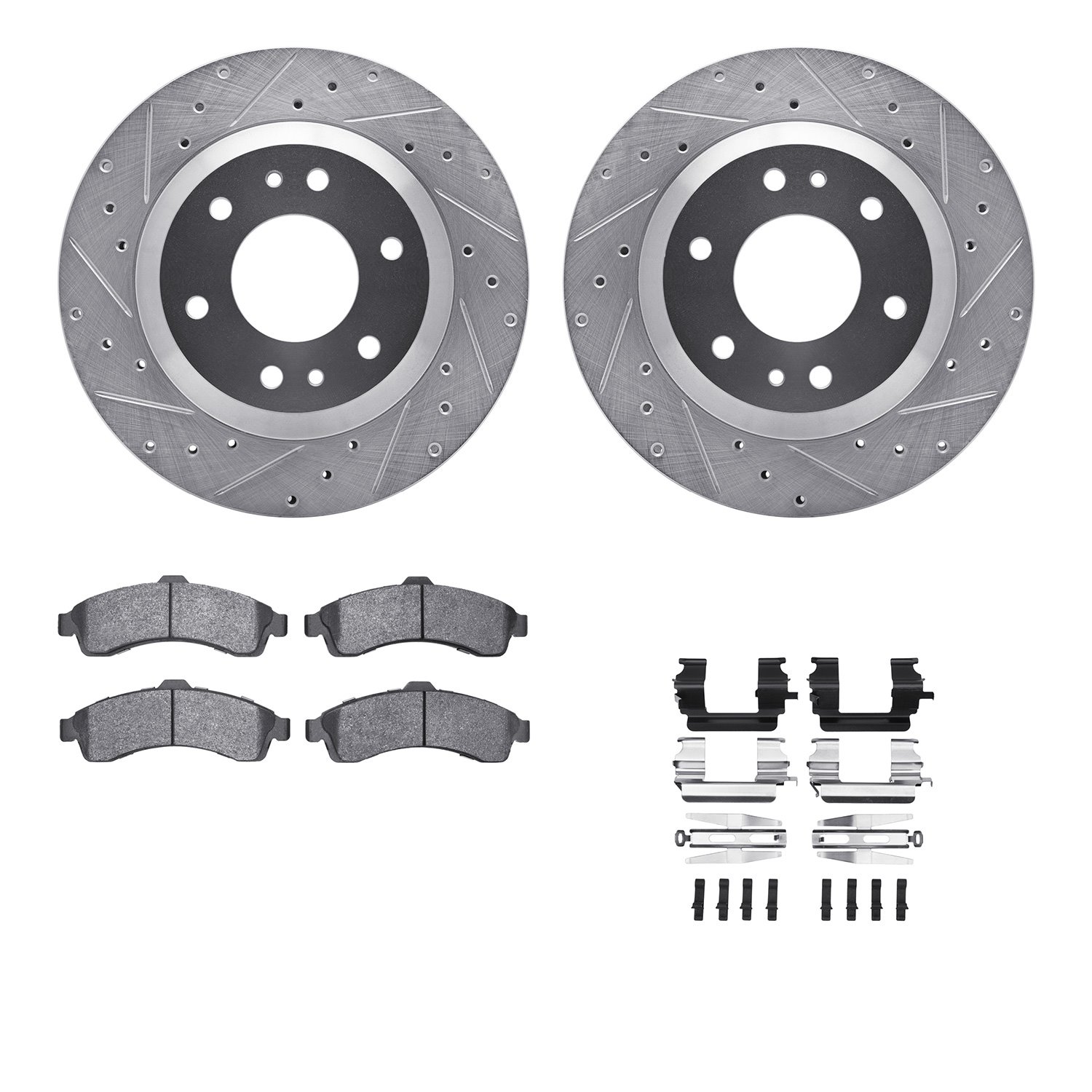 7212-48019 Drilled/Slotted Rotors w/Heavy-Duty Brake Pads Kit & Hardware [Silver], 2002-2005 GM, Position: Front