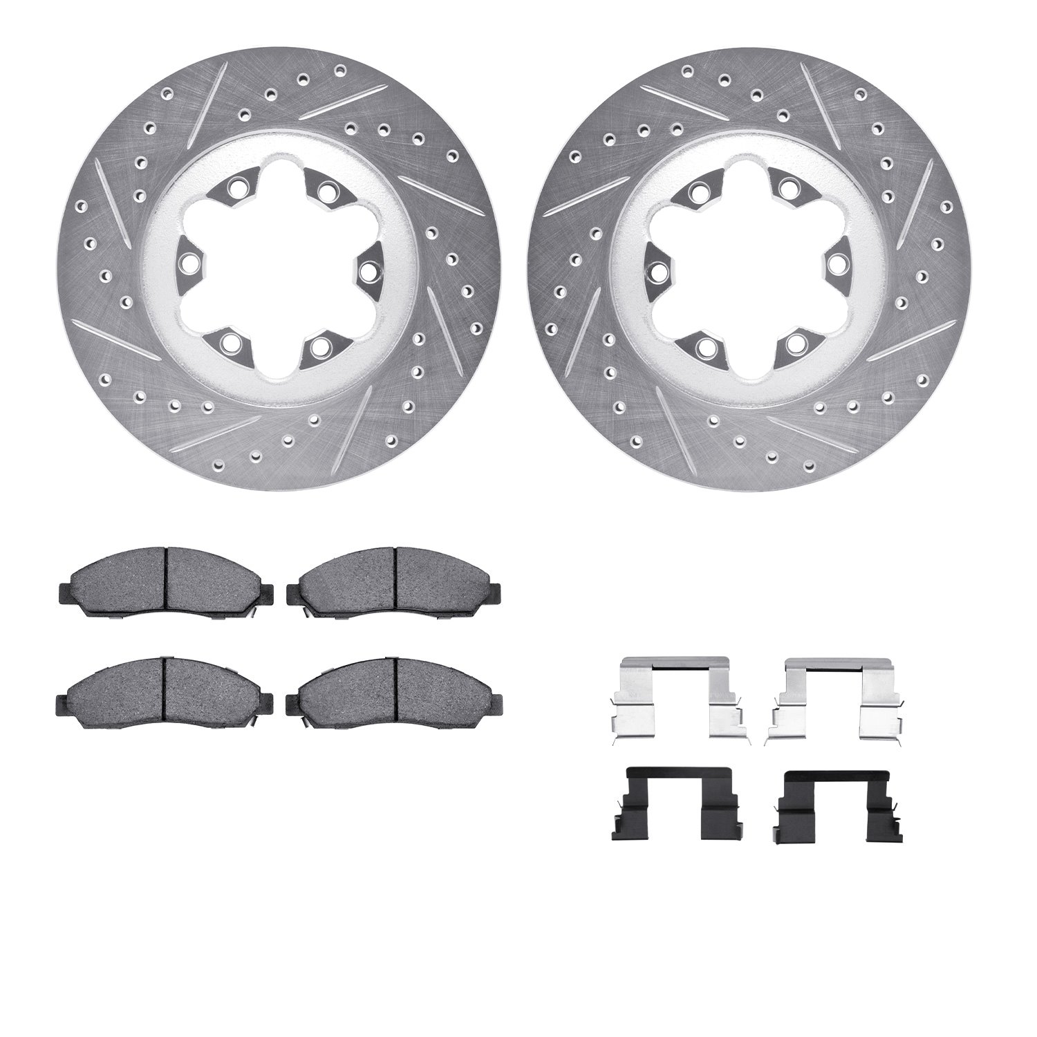 7212-48025 Drilled/Slotted Rotors w/Heavy-Duty Brake Pads Kit & Hardware [Silver], 2004-2008 GM, Position: Front