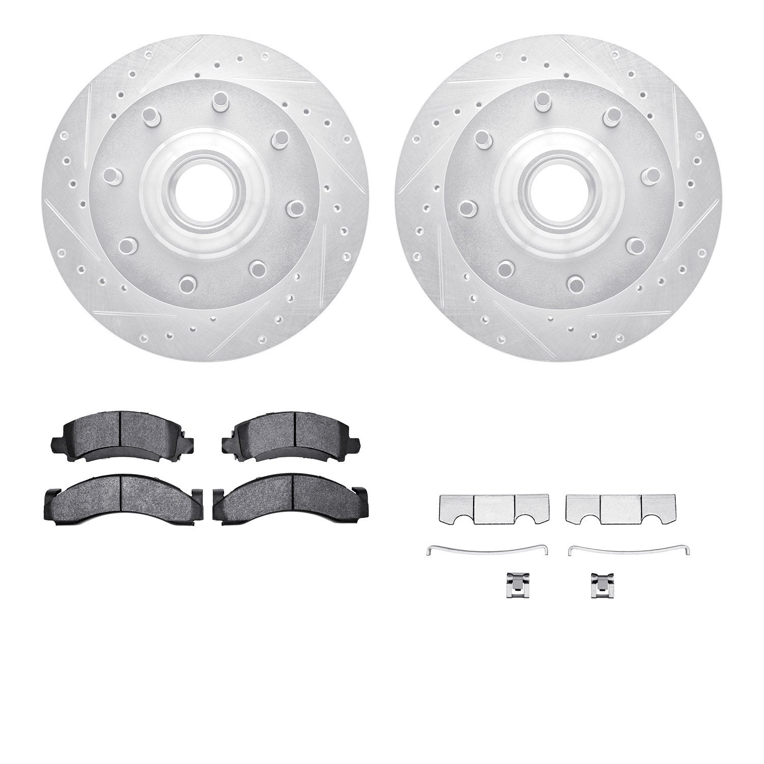 7212-48052 Drilled/Slotted Rotors w/Heavy-Duty Brake Pads Kit & Hardware [Silver], 1994-1995 GM, Position: Front