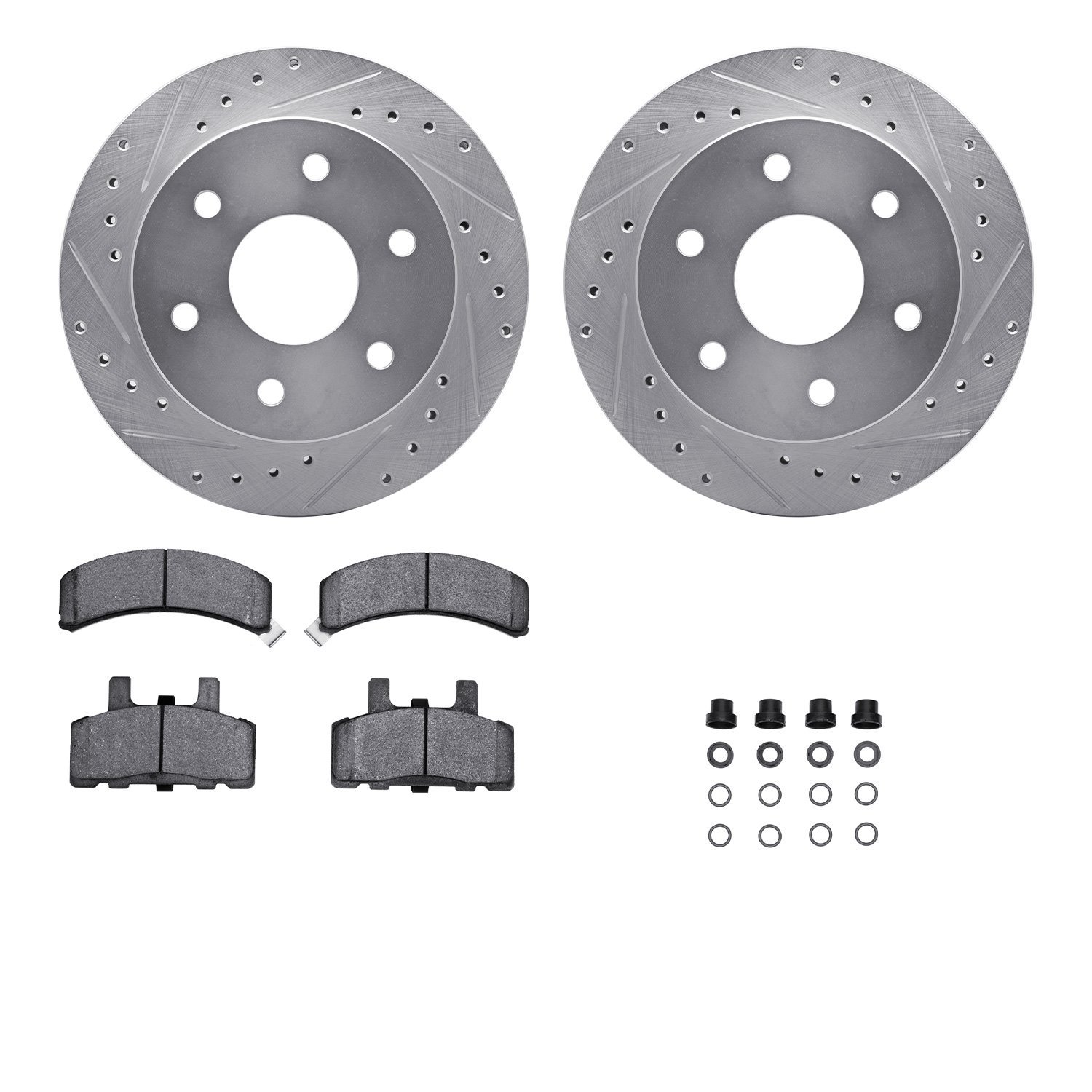 7212-48077 Drilled/Slotted Rotors w/Heavy-Duty Brake Pads Kit & Hardware [Silver], 1988-2000 GM, Position: Front