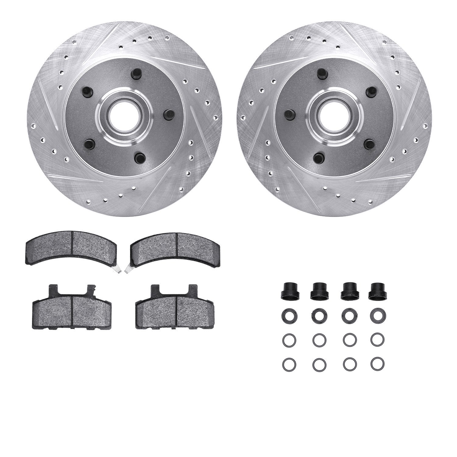 7212-48079 Drilled/Slotted Rotors w/Heavy-Duty Brake Pads Kit & Hardware [Silver], 1988-1991 GM, Position: Front