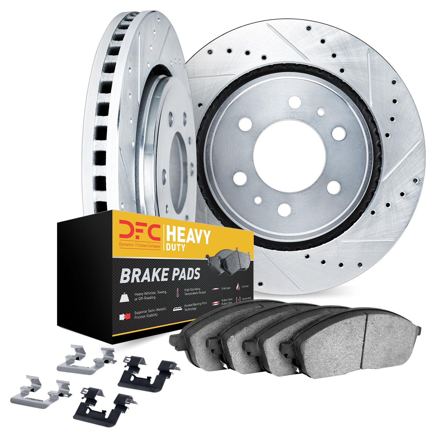 7212-48082 Drilled/Slotted Rotors w/Heavy-Duty Brake Pads Kit & Hardware [Silver], 1988-1996 GM, Position: Front