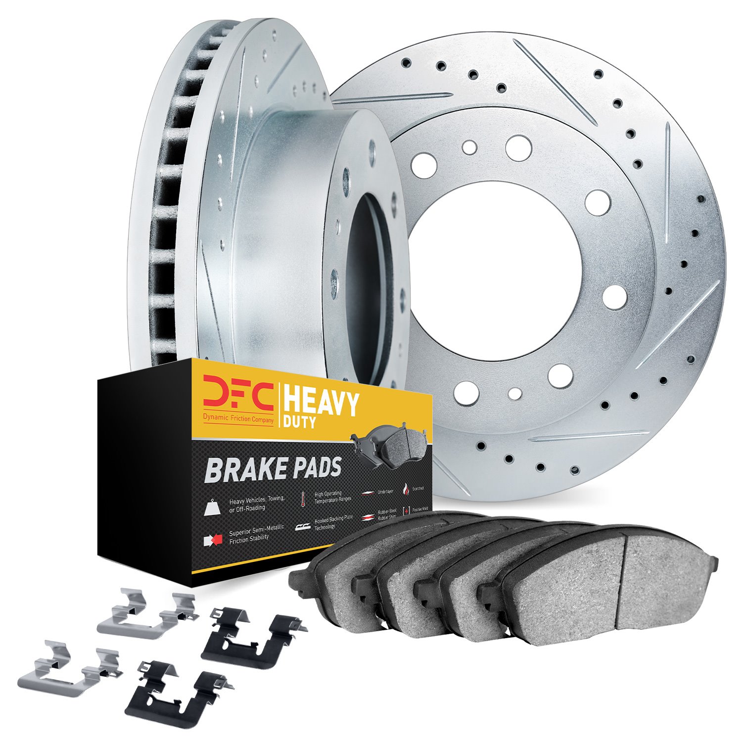 7212-48084 Drilled/Slotted Rotors w/Heavy-Duty Brake Pads Kit & Hardware [Silver], 1988-1989 GM, Position: Front