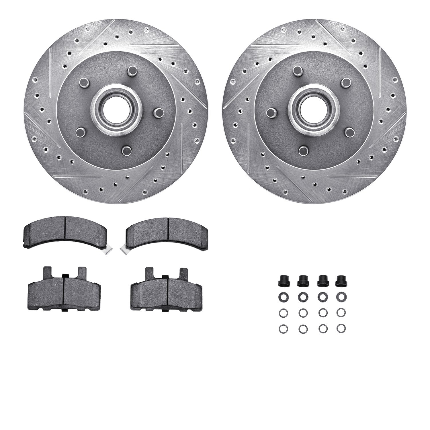 7212-48096 Drilled/Slotted Rotors w/Heavy-Duty Brake Pads Kit & Hardware [Silver], 1992-2002 GM, Position: Front