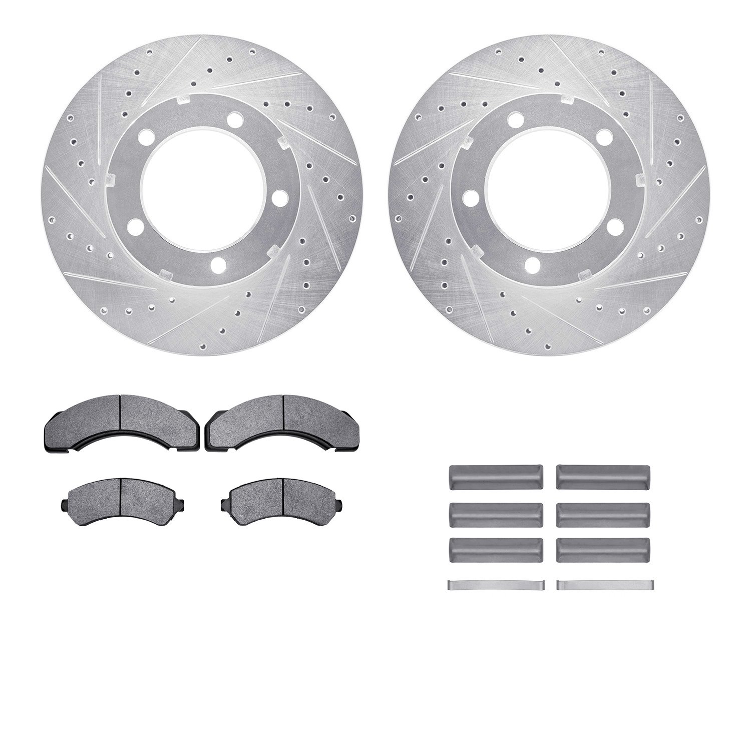 7212-48104 Drilled/Slotted Rotors w/Heavy-Duty Brake Pads Kit & Hardware [Silver], 1994-2000 GM, Position: Front