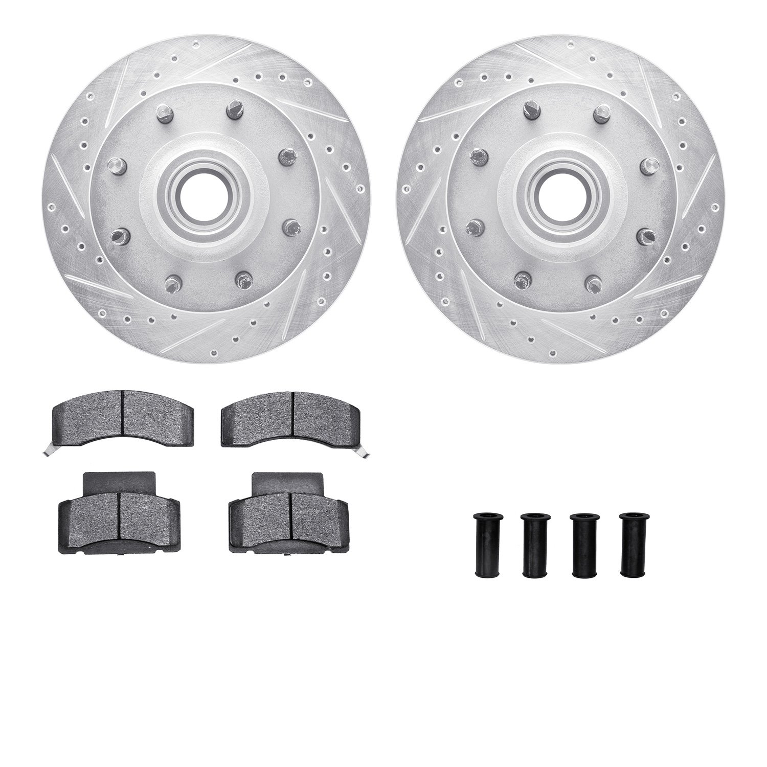 7212-48130 Drilled/Slotted Rotors w/Heavy-Duty Brake Pads Kit & Hardware [Silver], 2001-2002 GM, Position: Front