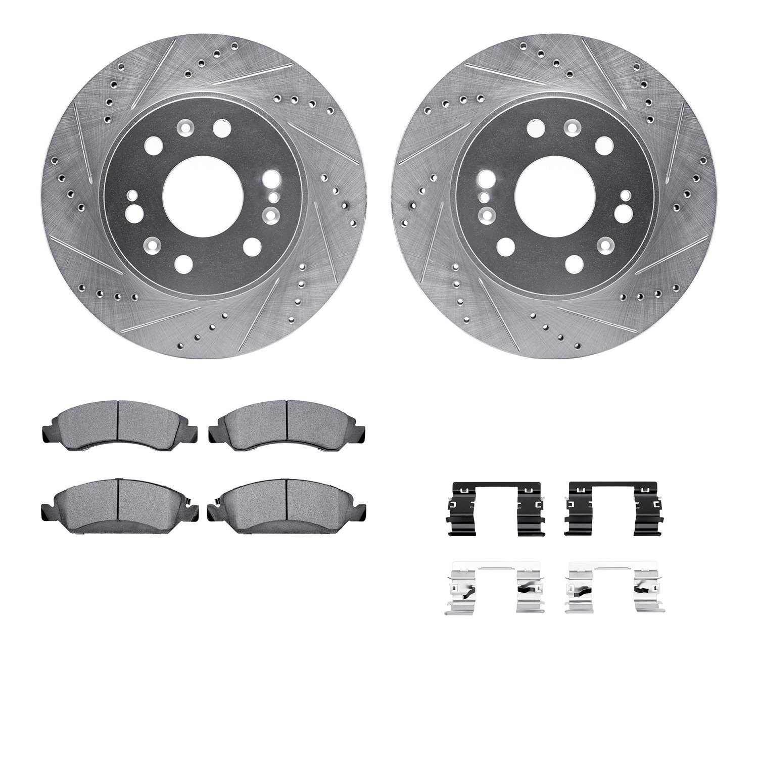 7212-48143 Drilled/Slotted Rotors w/Heavy-Duty Brake Pads Kit & Hardware [Silver], 2005-2020 GM, Position: Front
