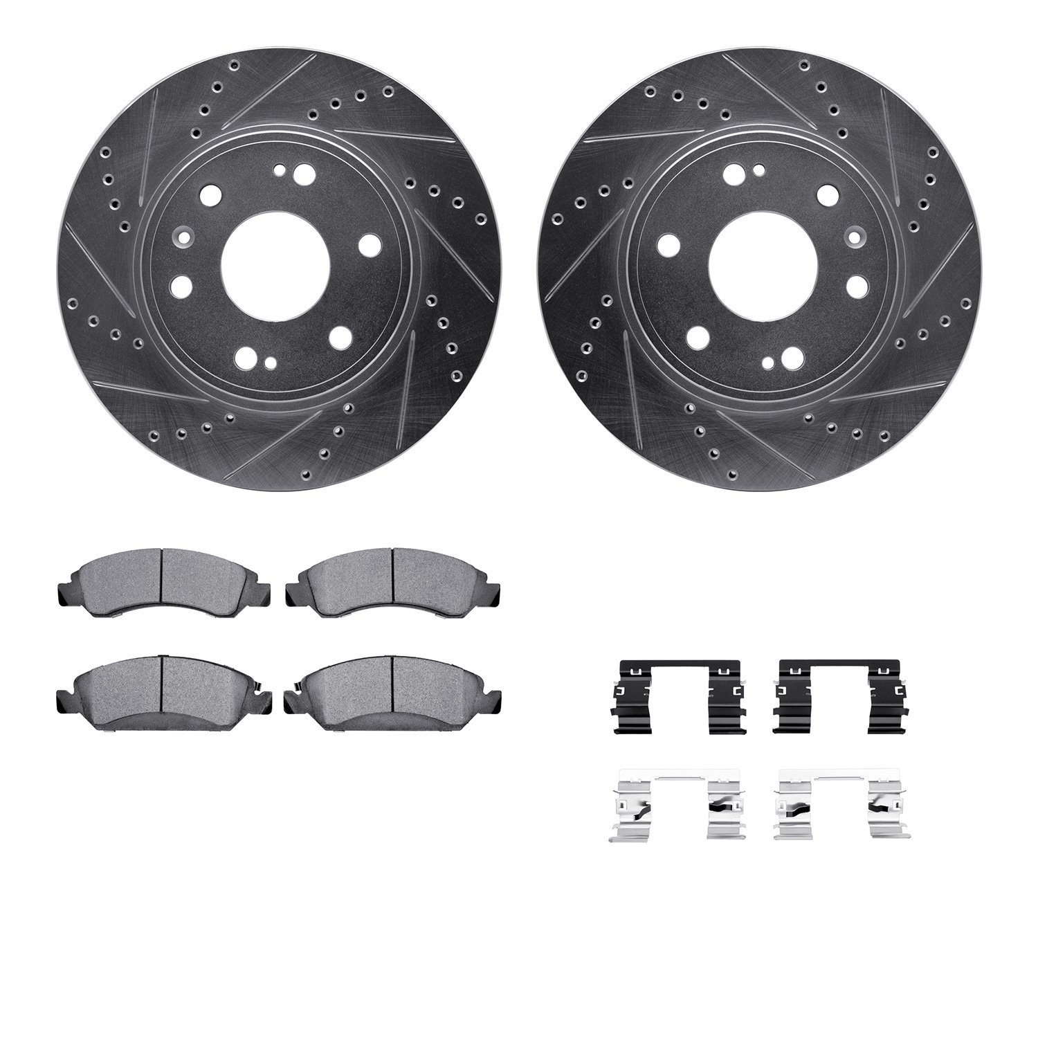 7212-48172 Drilled/Slotted Rotors w/Heavy-Duty Brake Pads Kit & Hardware [Silver], 2009-2020 GM, Position: Front