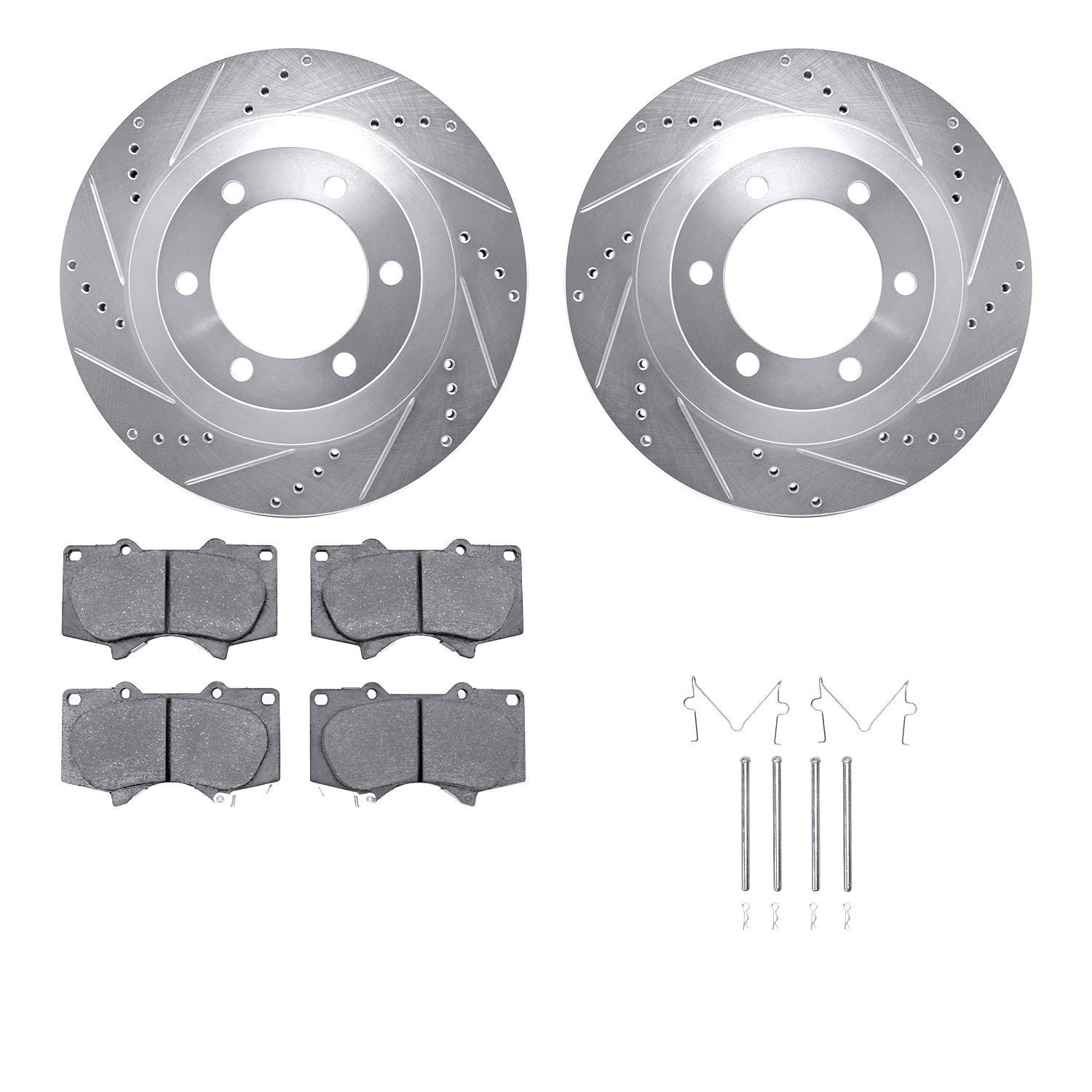 7212-76003 Drilled/Slotted Rotors w/Heavy-Duty Brake Pads Kit & Hardware [Silver], 2003-2009 Lexus/Toyota/Scion, Position: Front