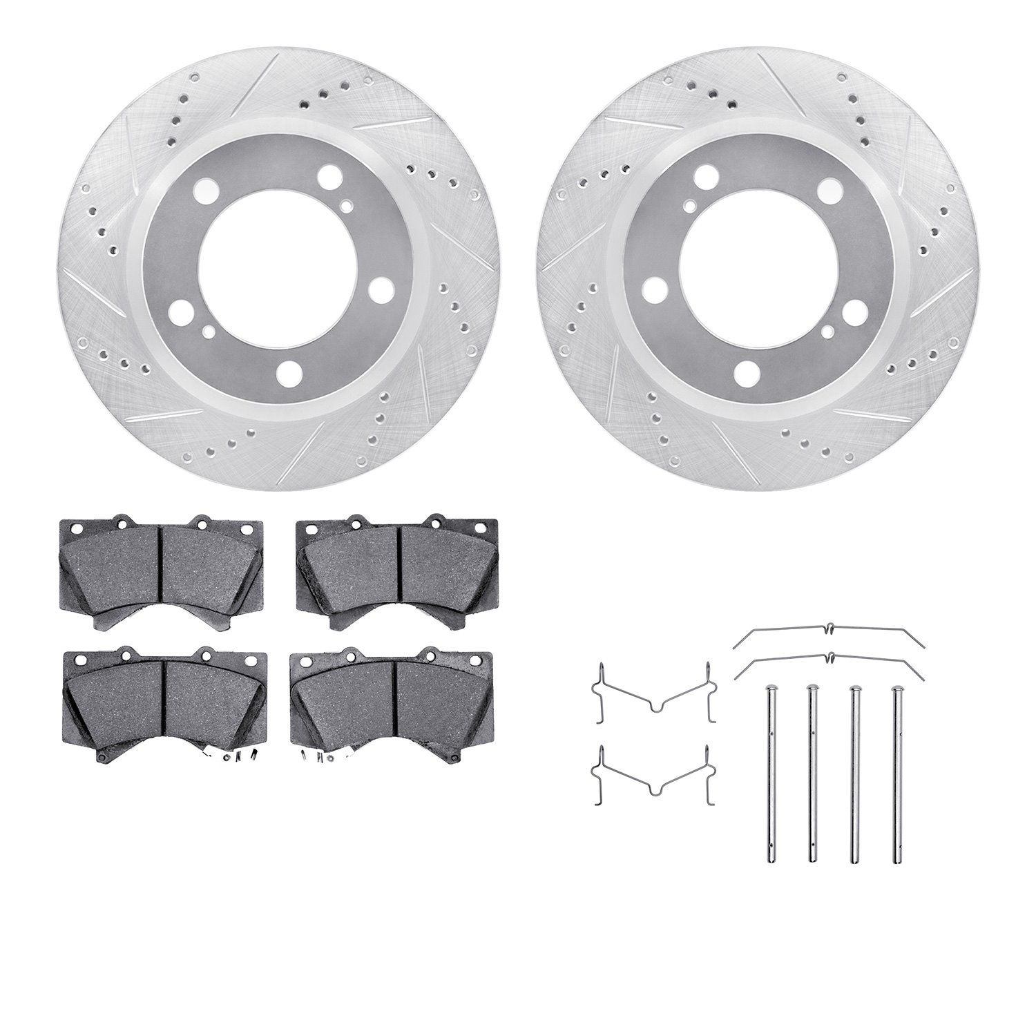 7212-76007 Drilled/Slotted Rotors w/Heavy-Duty Brake Pads Kit & Hardware [Silver], 2008-2021 Lexus/Toyota/Scion, Position: Front