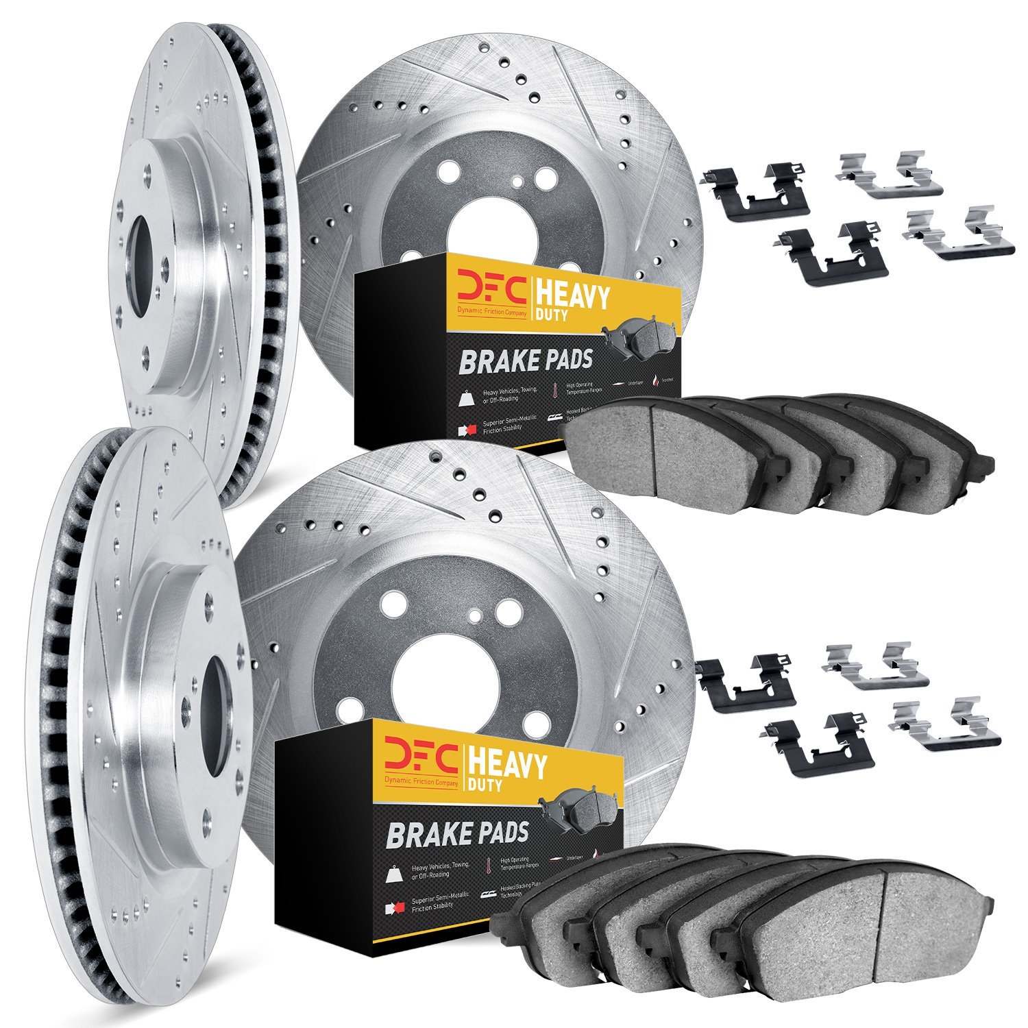 7214-40027 Drilled/Slotted Rotors w/Heavy-Duty Brake Pads Kit & Hardware [Silver], 2006-2018 Mopar, Position: Front and Rear