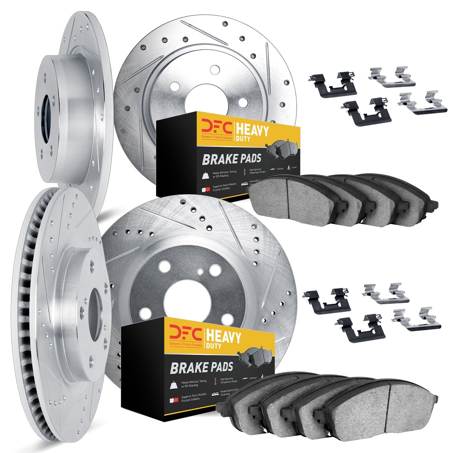 7214-40248 Drilled/Slotted Rotors w/Heavy-Duty Brake Pads Kit & Hardware [Silver], 2014-2021 Mopar, Position: Front and Rear