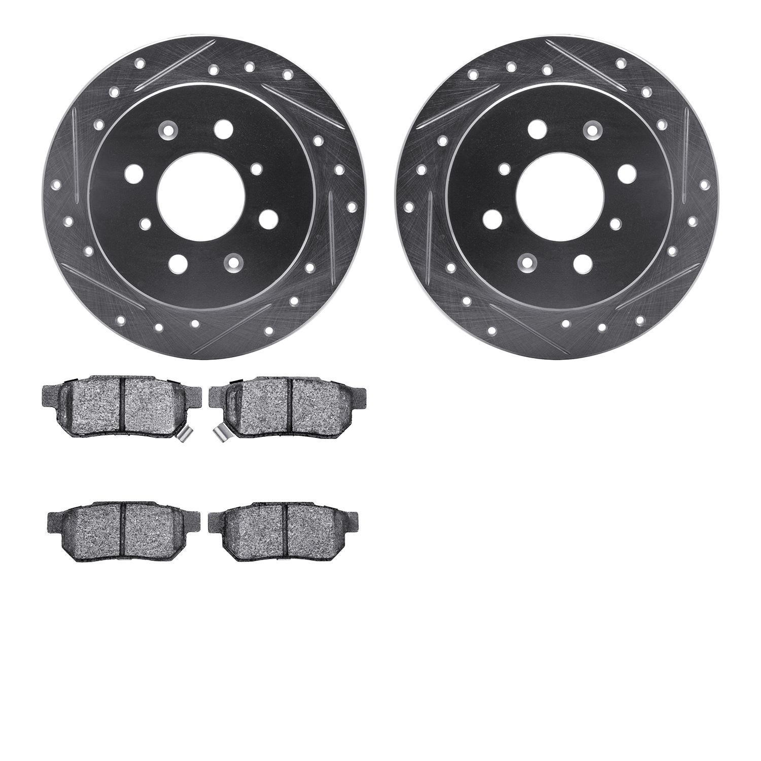 7302-59028 Drilled/Slotted Brake Rotor with 3000-Series Ceramic Brake Pads Kit [Silver], 1988-2001 Acura/Honda, Position: Rear